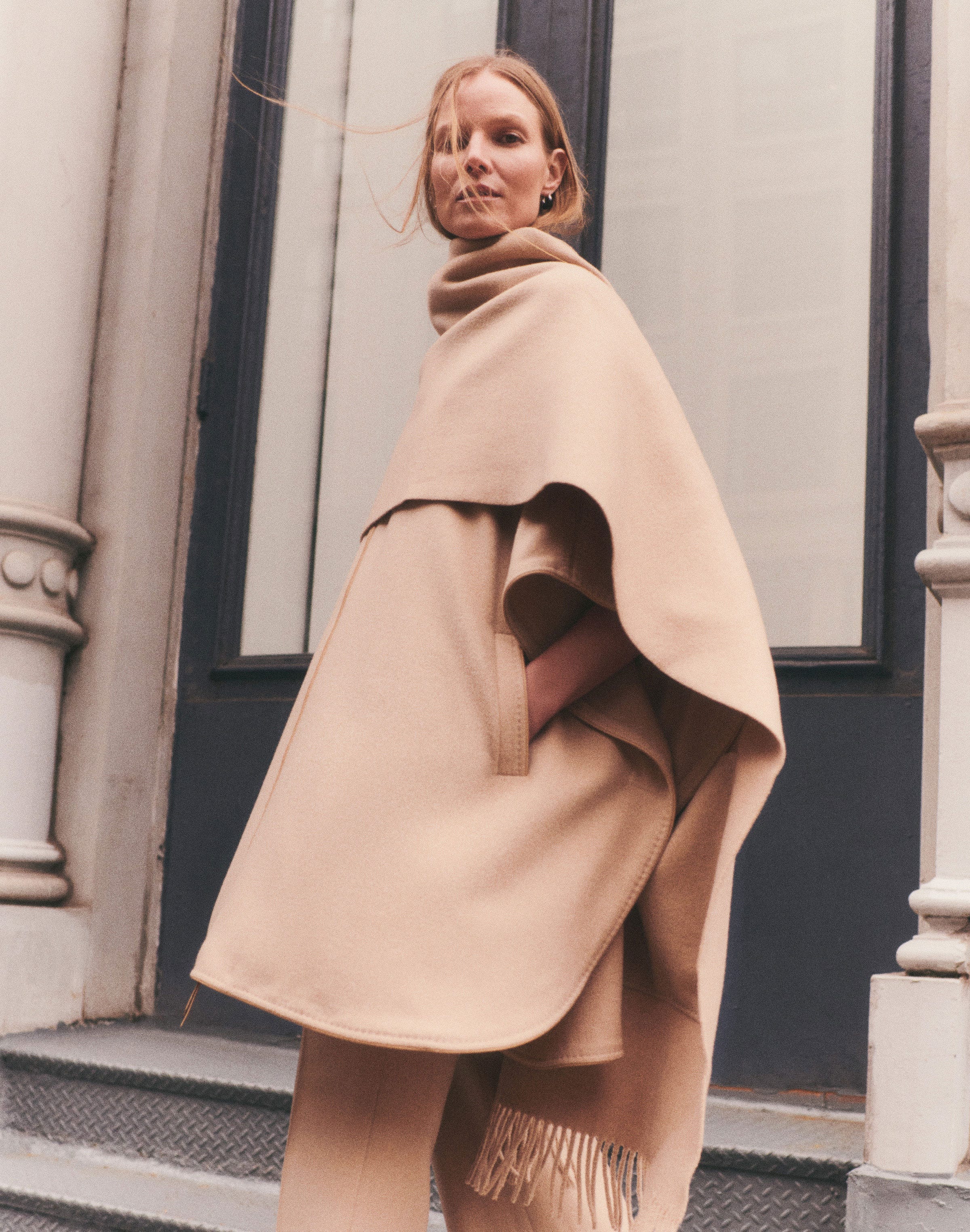 Camel Hair Cape and Lafayette Pant with Wool-Cashmere Shawl