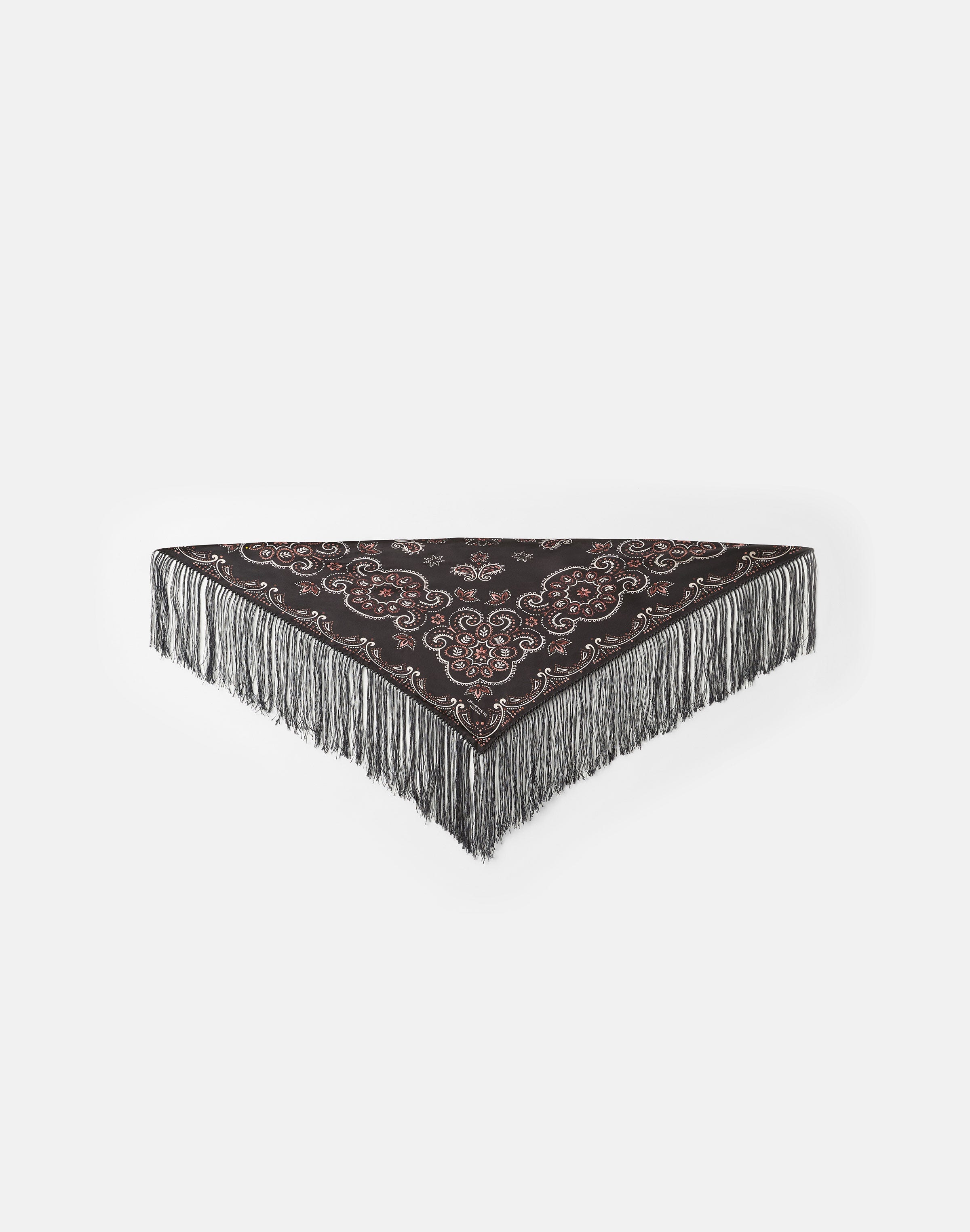 Bandana Print Silk Twill Fringed Triangle Scarf