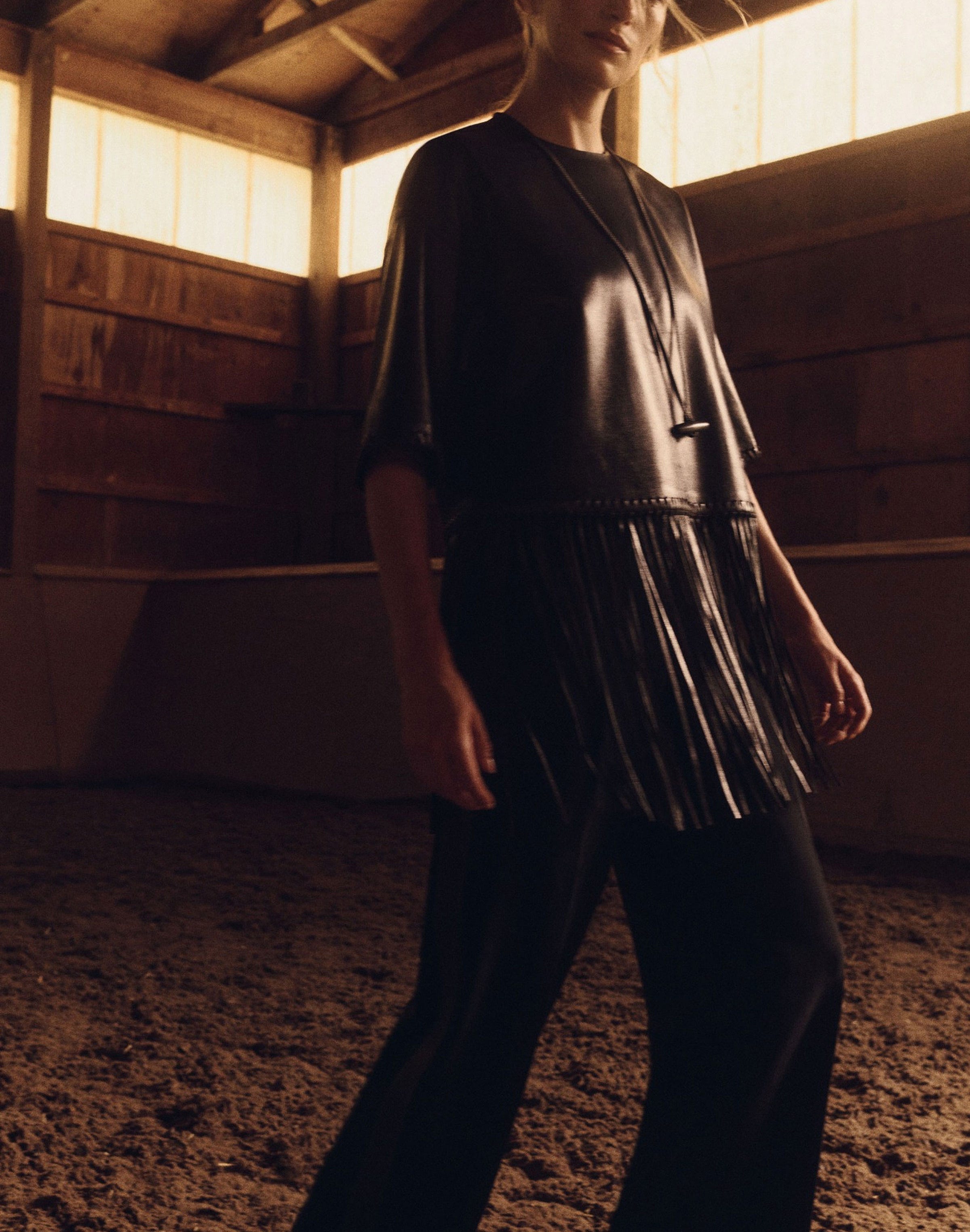 Leather Whipstitch Fringed Blouse and Wool Double Face Clark Pant