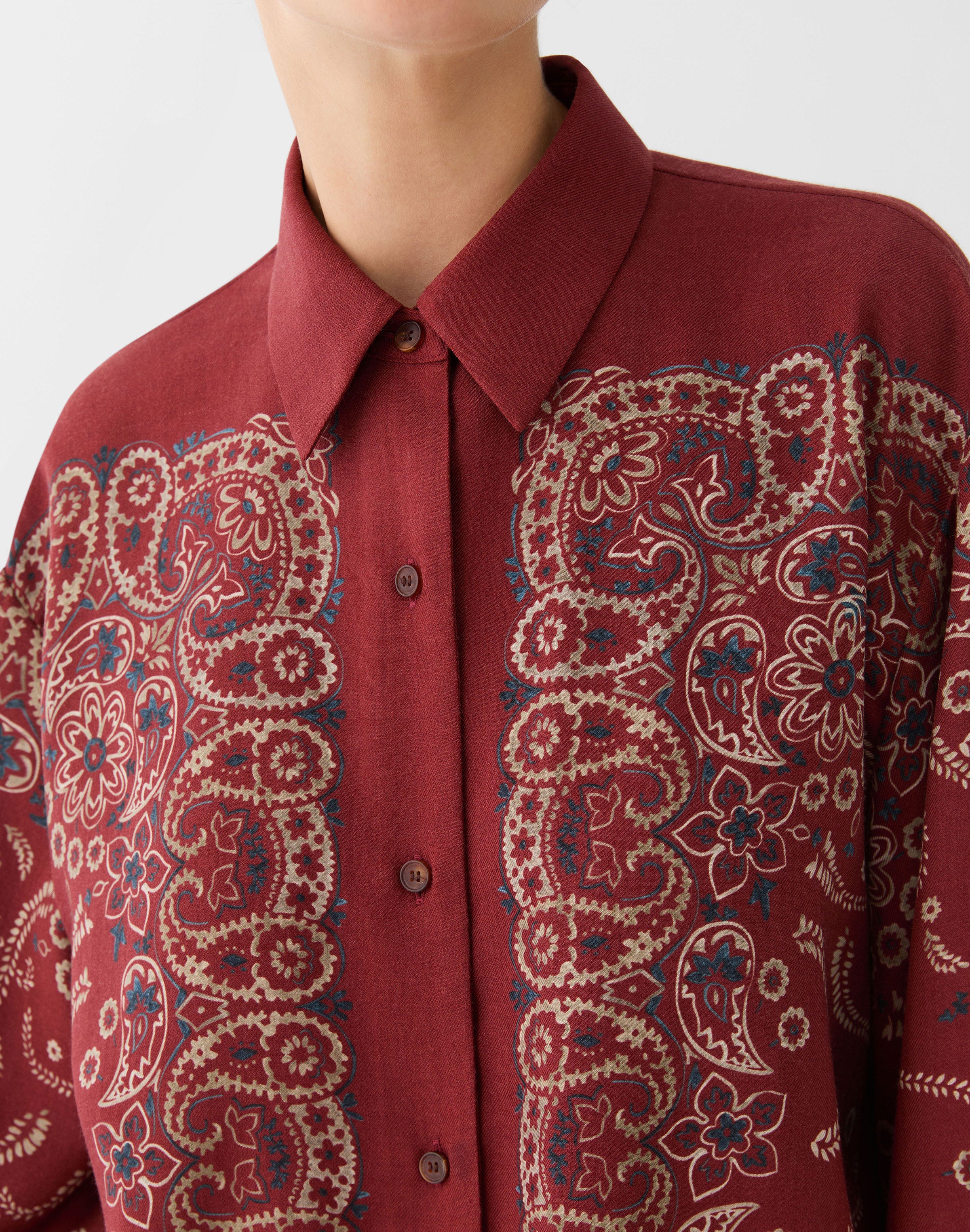 Bandana Print Wool-Silk Bell Sleeve Shirt