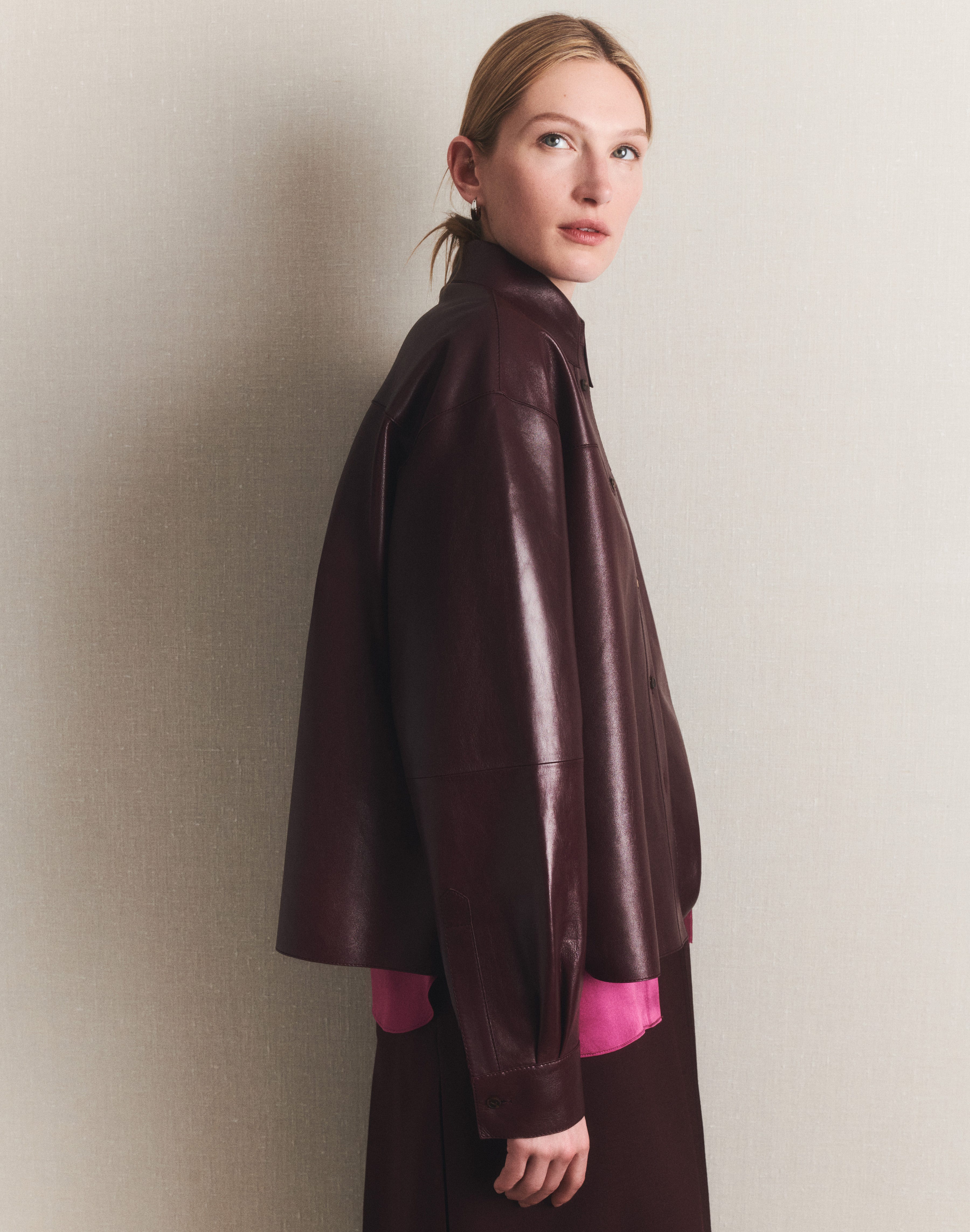 Leather Oversized Cropped Shirt and Double Face Flared Skirt