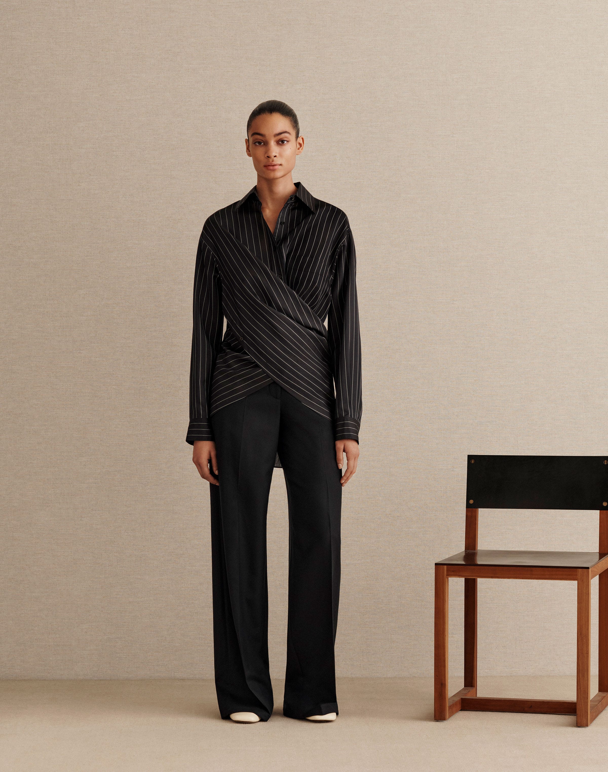 Pinstripe Silk Convertible Blouse and Camel Hair Lafayette Pant