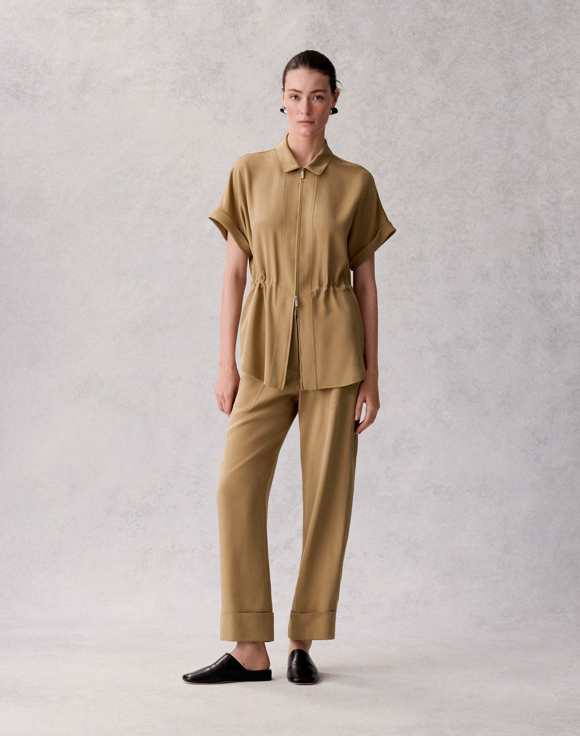 Organic Silk Stretch Georgette Zip Front Blouse