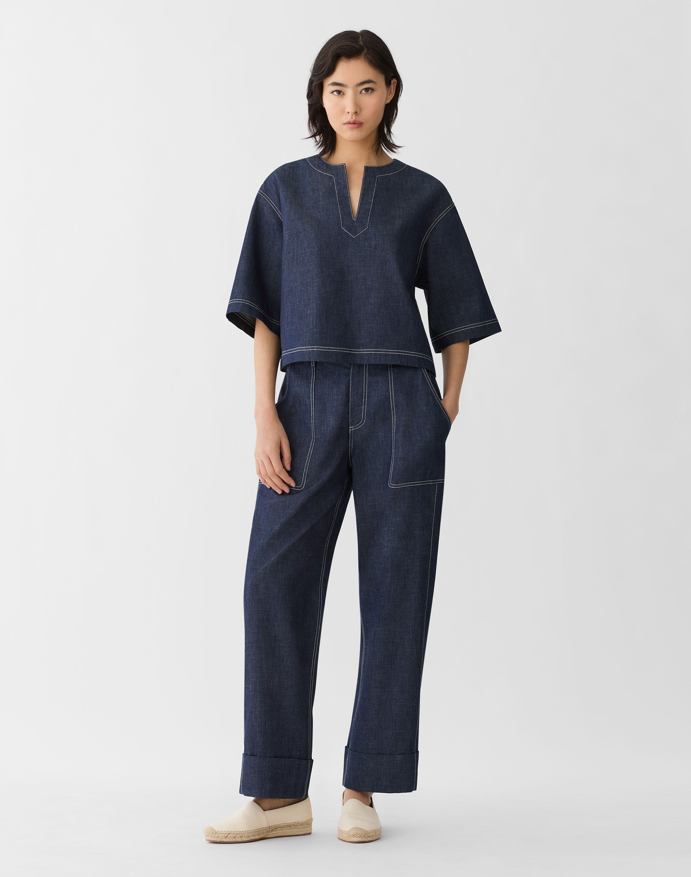 Chambray Short Sleeve Cropped Shirt