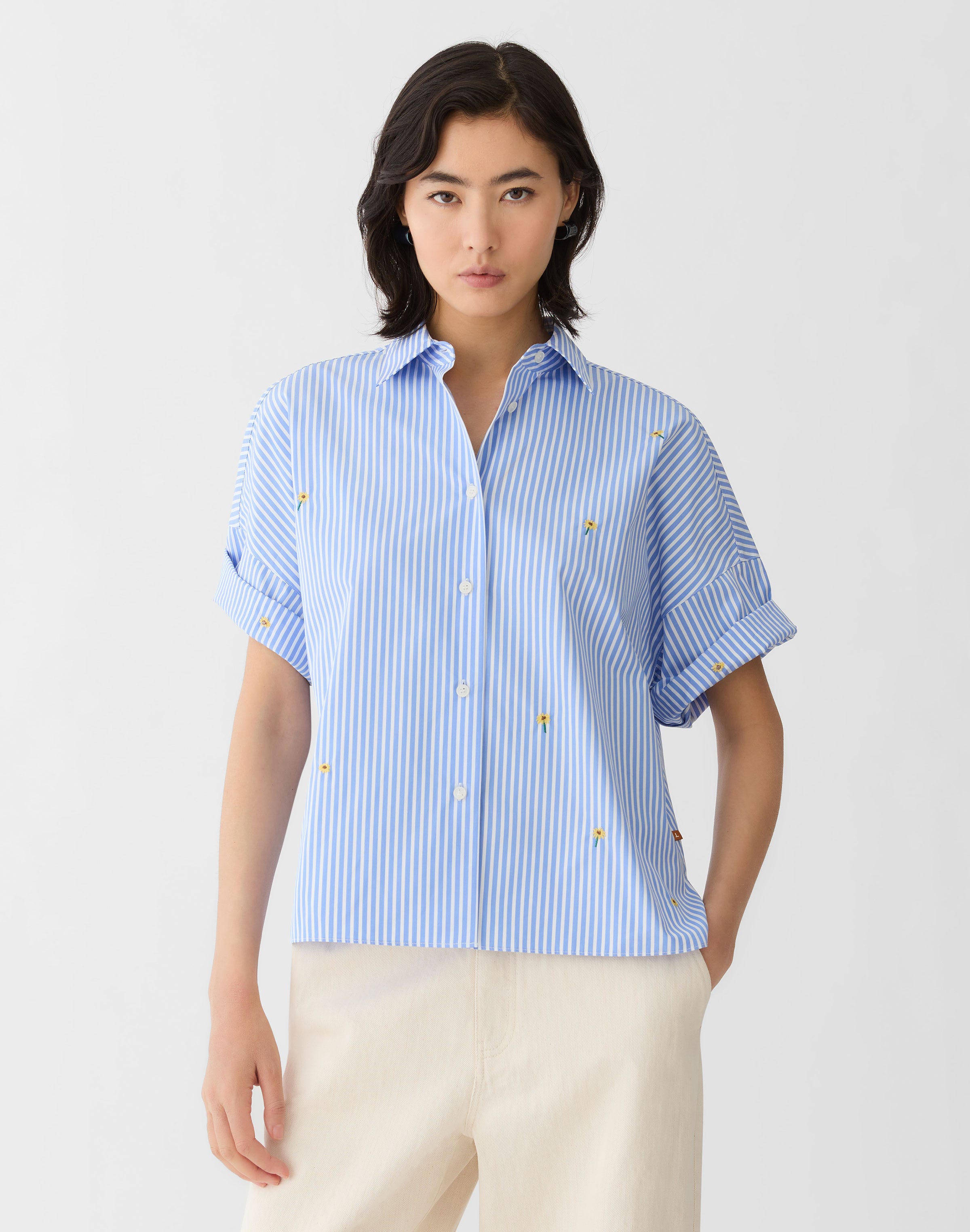 Striped Cotton Floral Embroidered Shirt