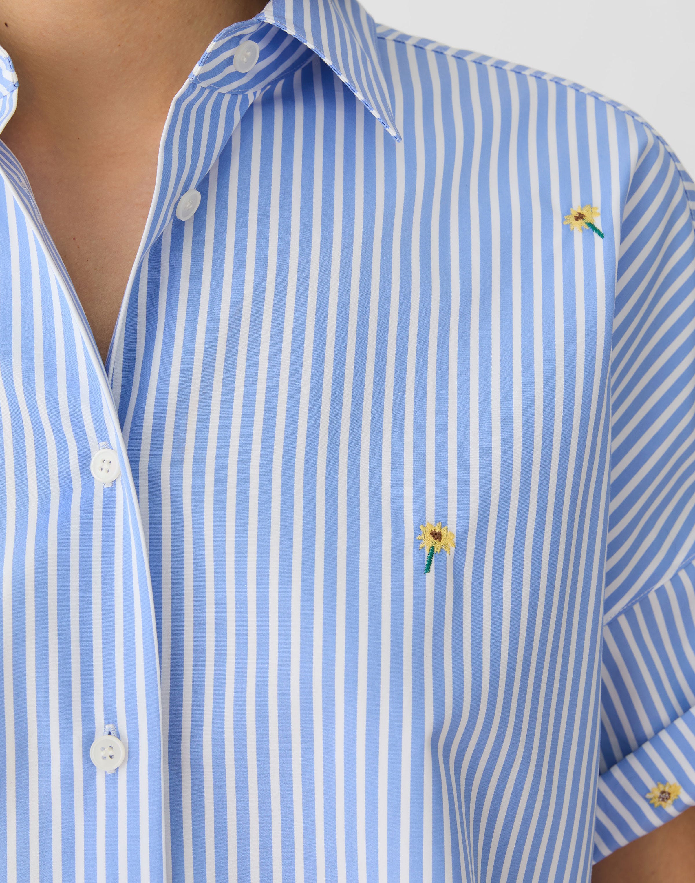 Striped Cotton Floral Embroidered Shirt
