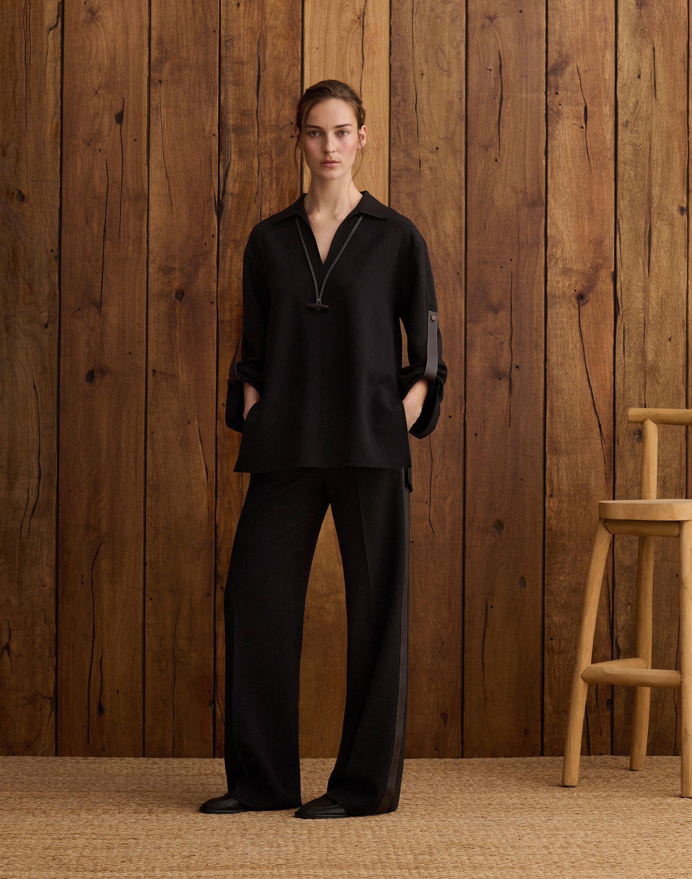 Responsible Wool Double Face Tab Sleeve Blouse 