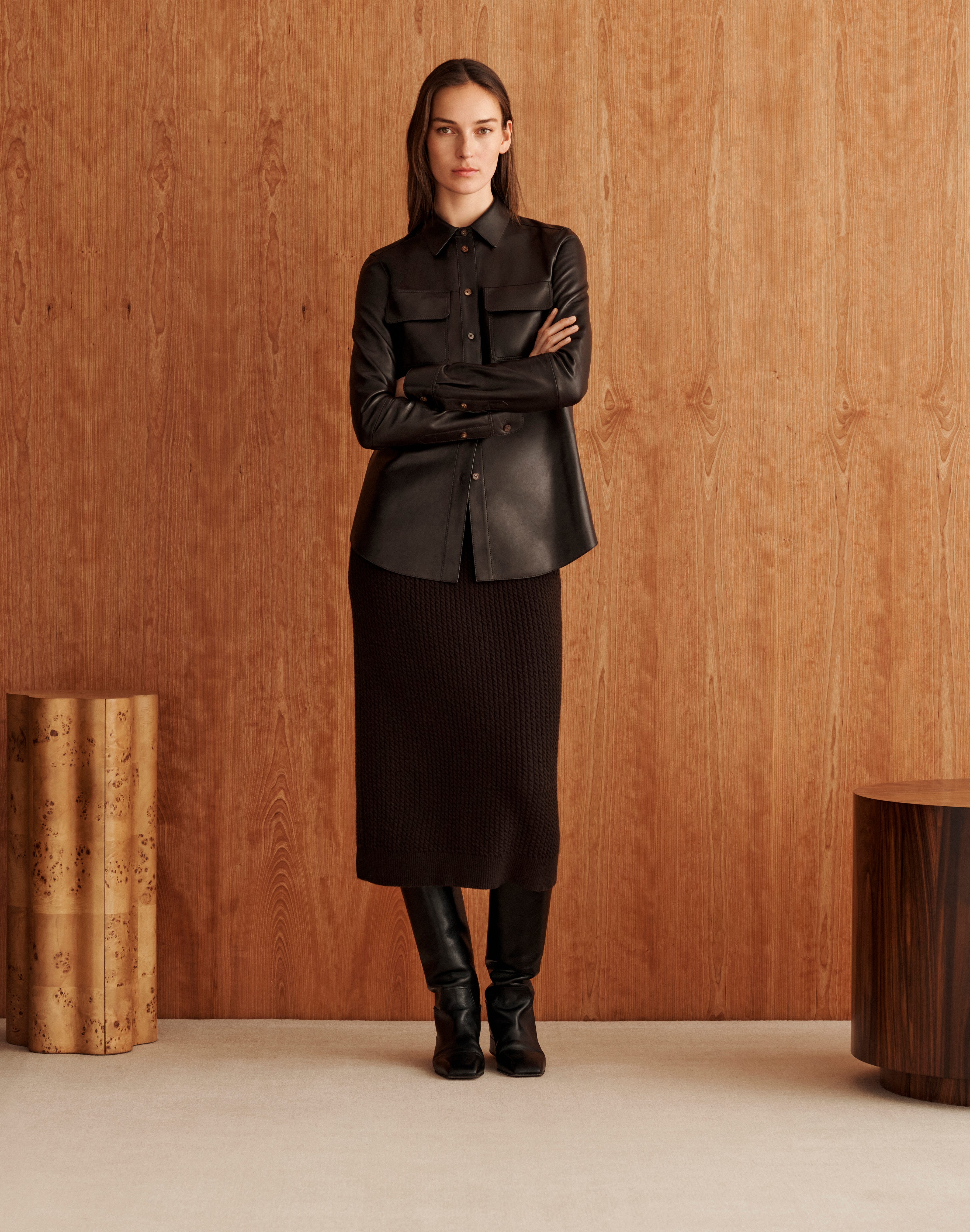 Nappa Leather Shirt and Cashmere Cable Knit Skirt