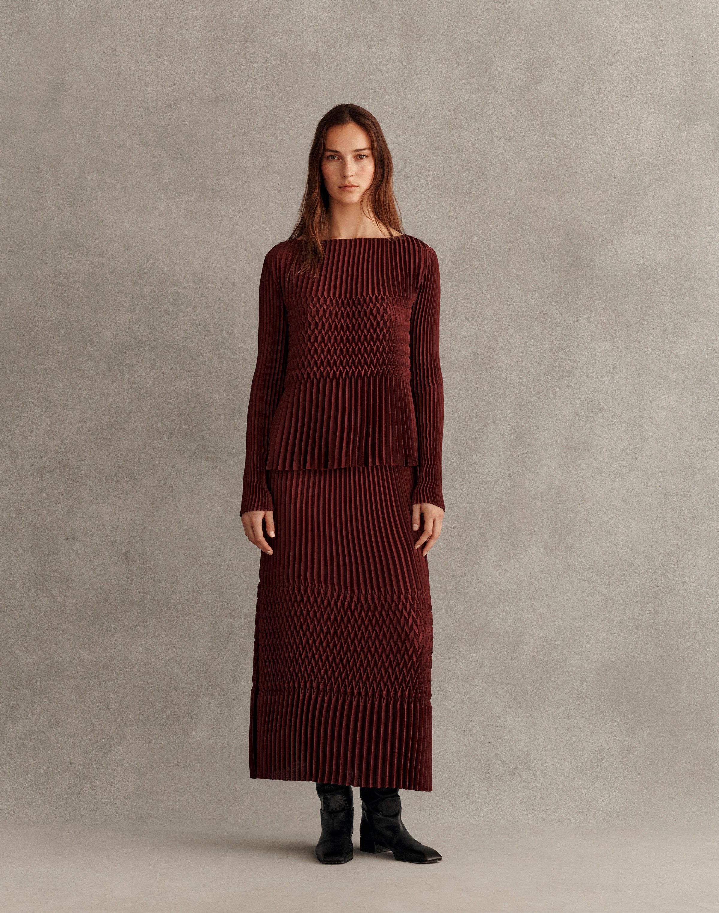 Satin Plissé Blouse and Skirt