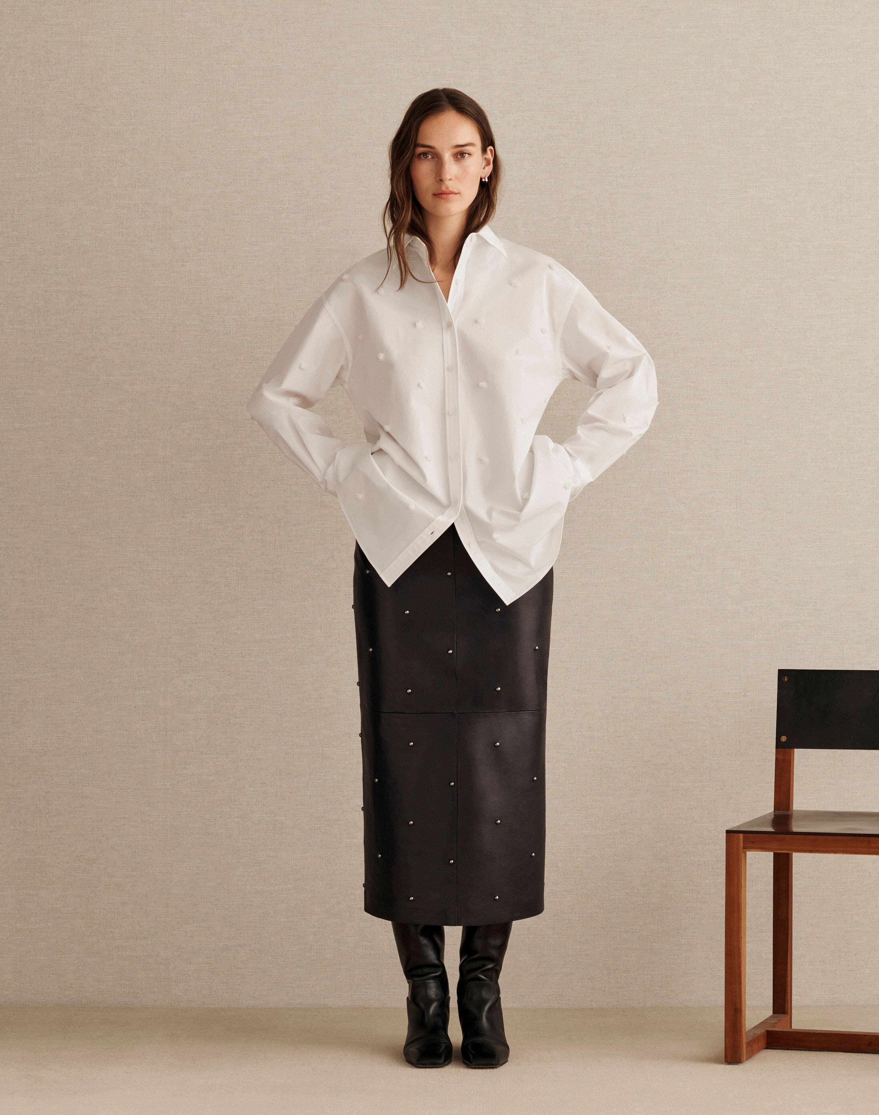 Cotton Poplin Hand-Embroidered Shirt and Studded Leather Skirt
