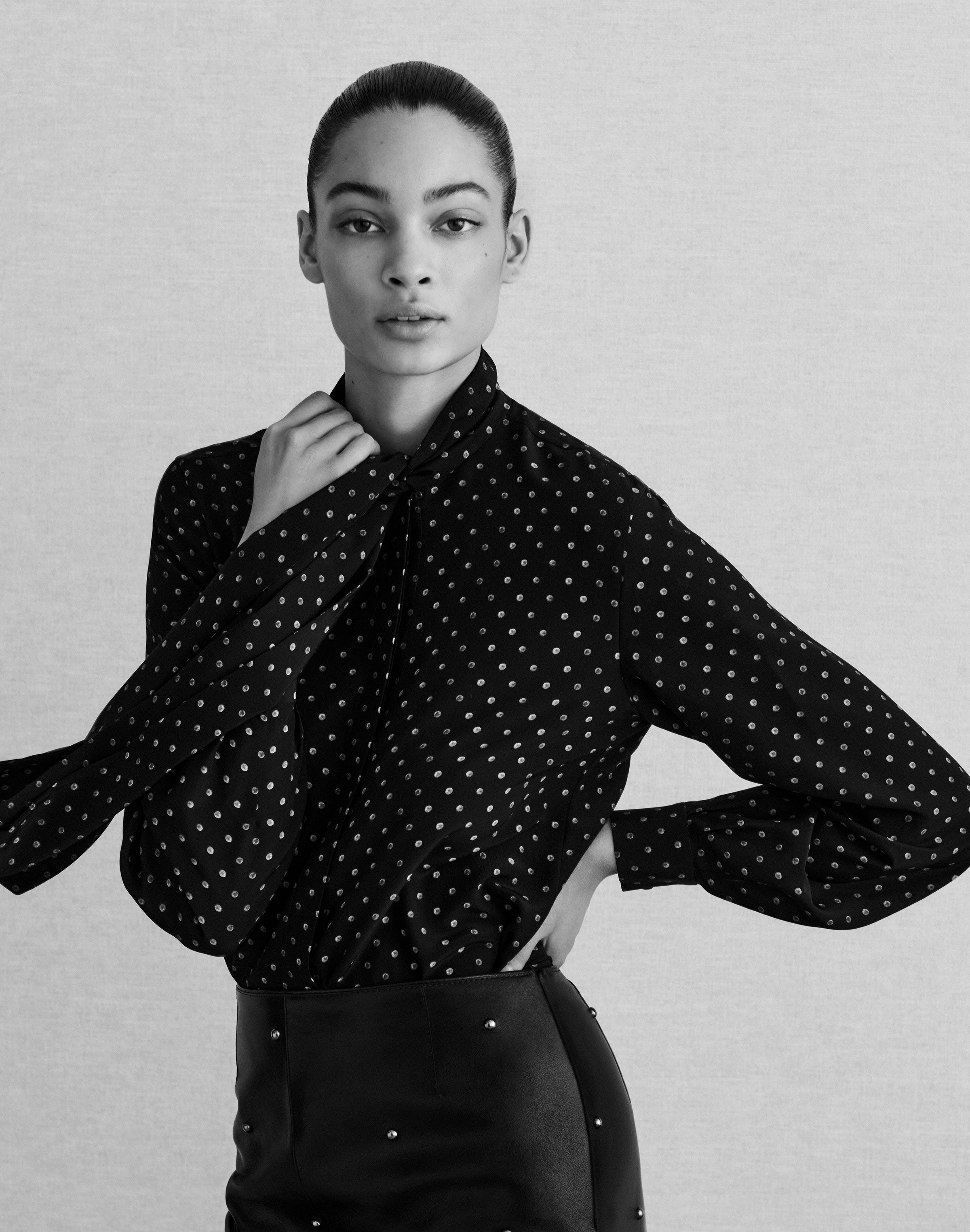 Polka Dot Silk Blouse and Studded Leather Skirt