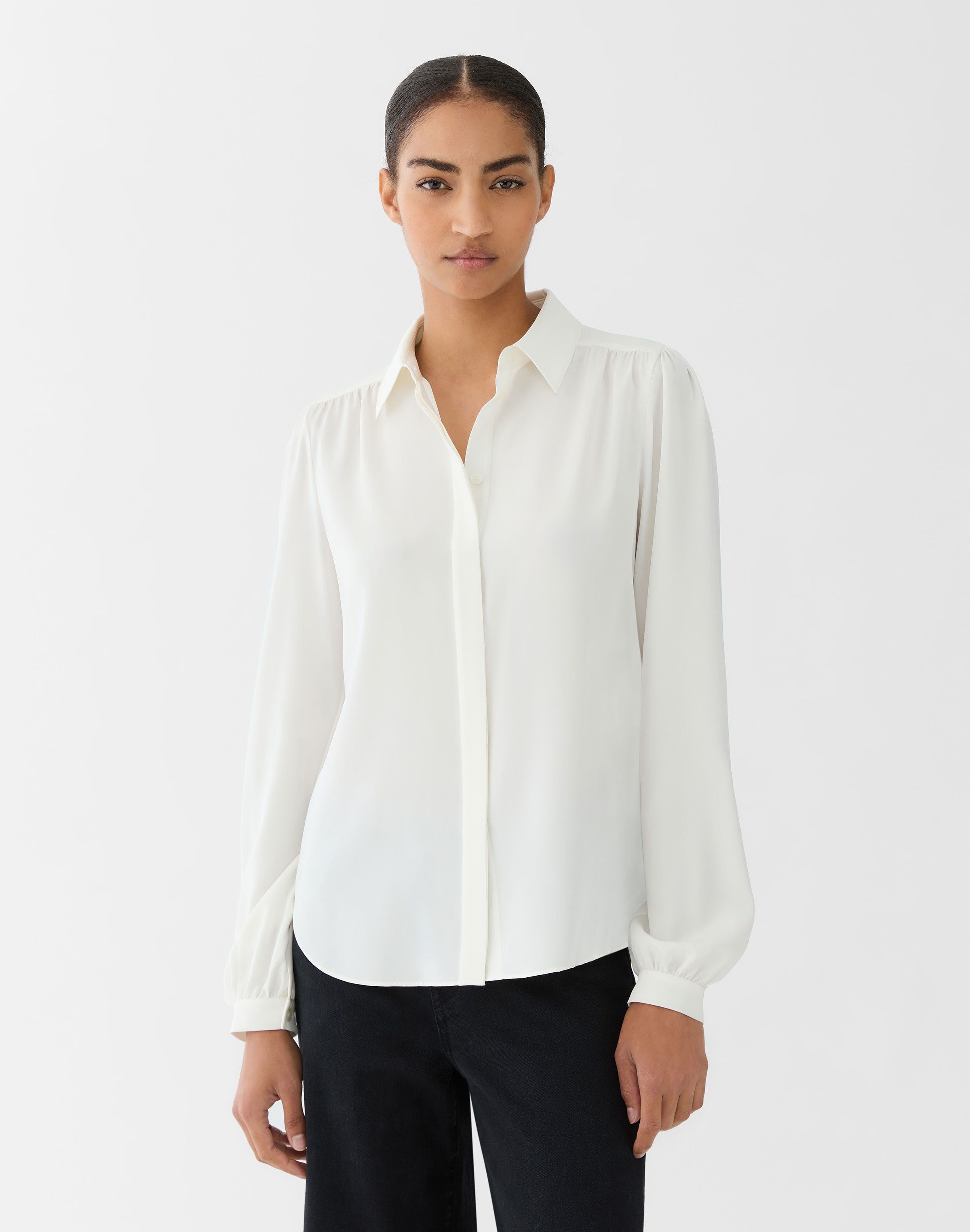 Petite Organic Silk Stretch Georgette Ls Blouse W/ Shirring