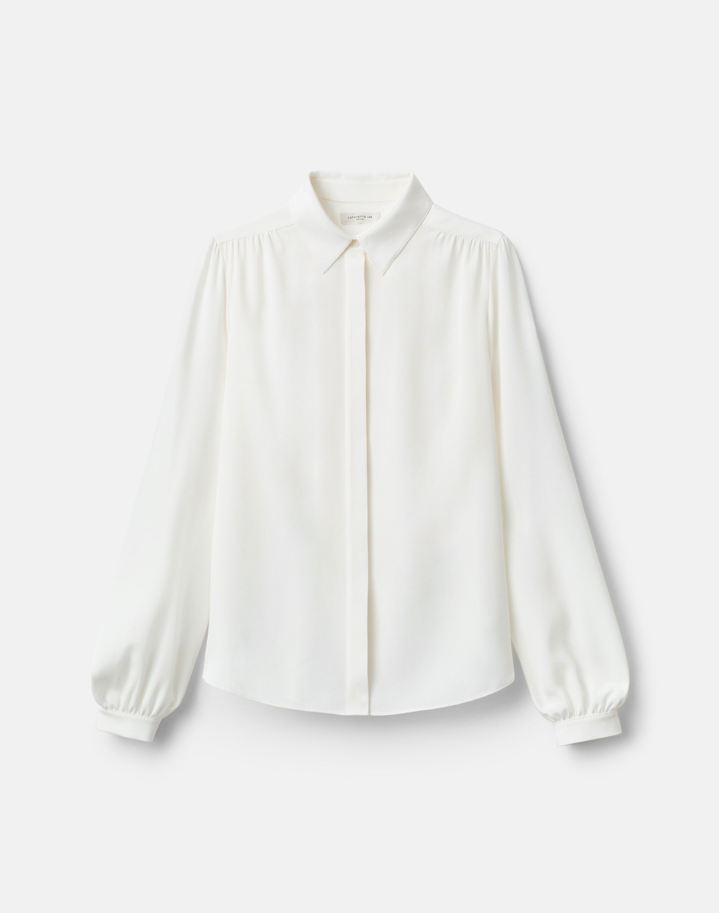 Petite Organic Silk Stretch Georgette Ls Blouse W/ Shirring
