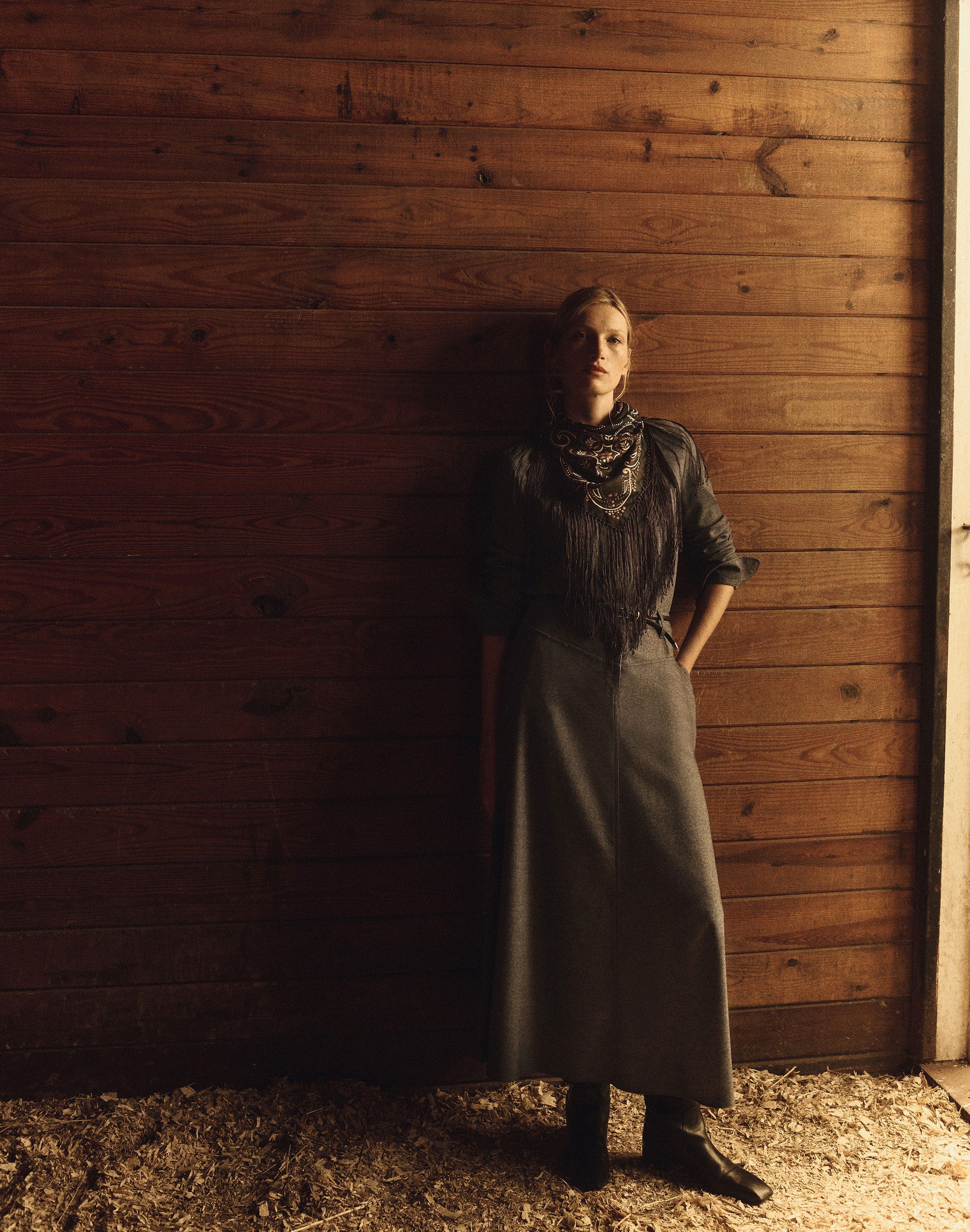 Denim-Effect Wool-Cashmere Flannel Western Blouse and Skirt