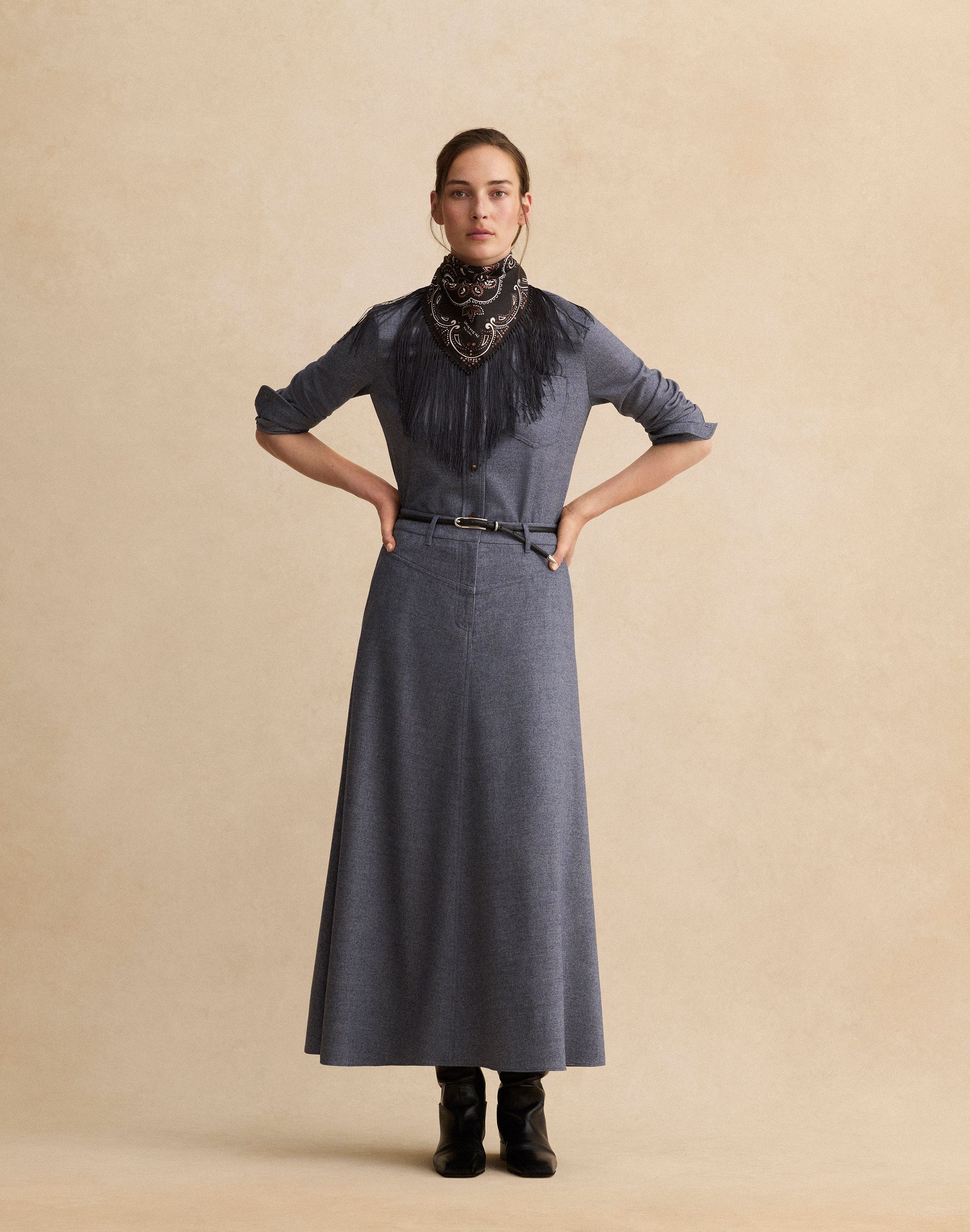 Denim-Effect Wool-Cashmere Flannel Western Blouse