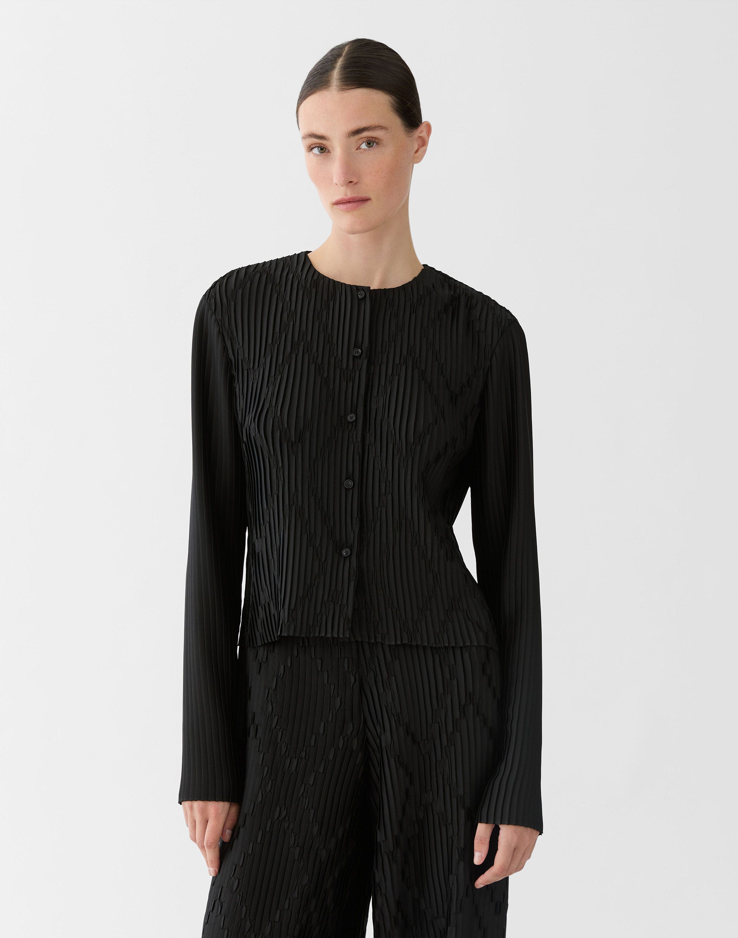 Geo Satin Plissé Cardigan Jacket