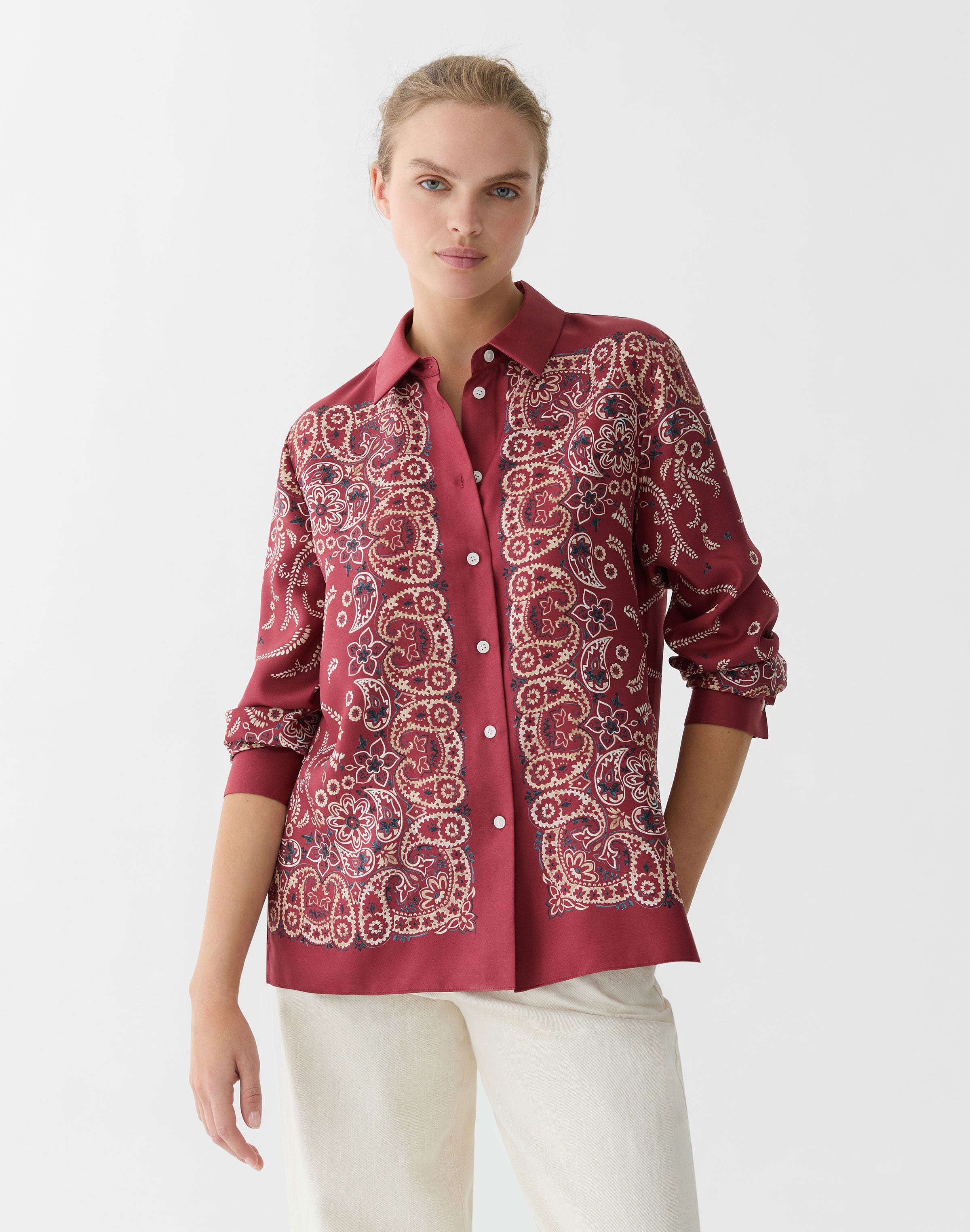 Bandana Print Silk Twill Button Front Blouse