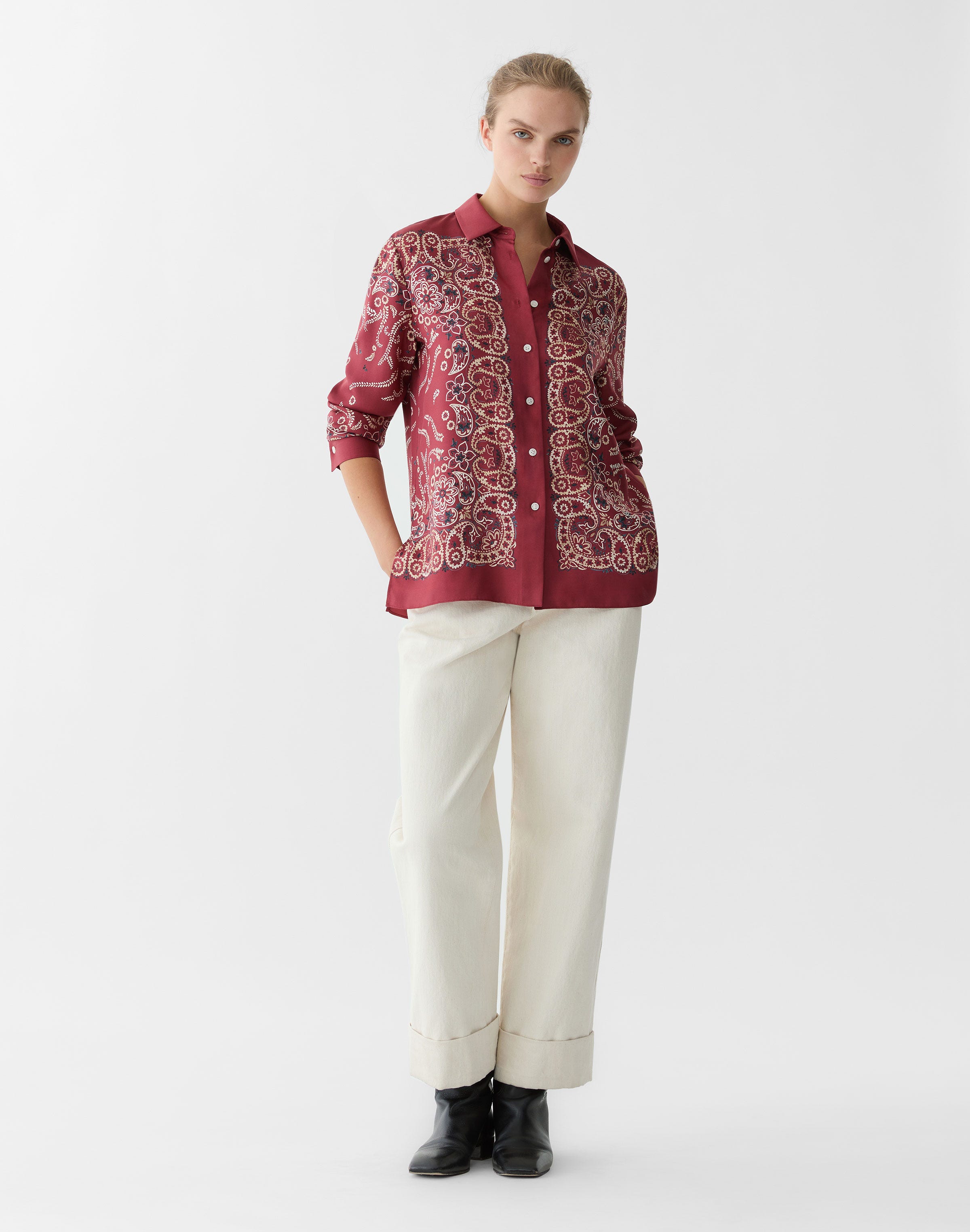 Bandana Print Silk Twill Button Front Blouse