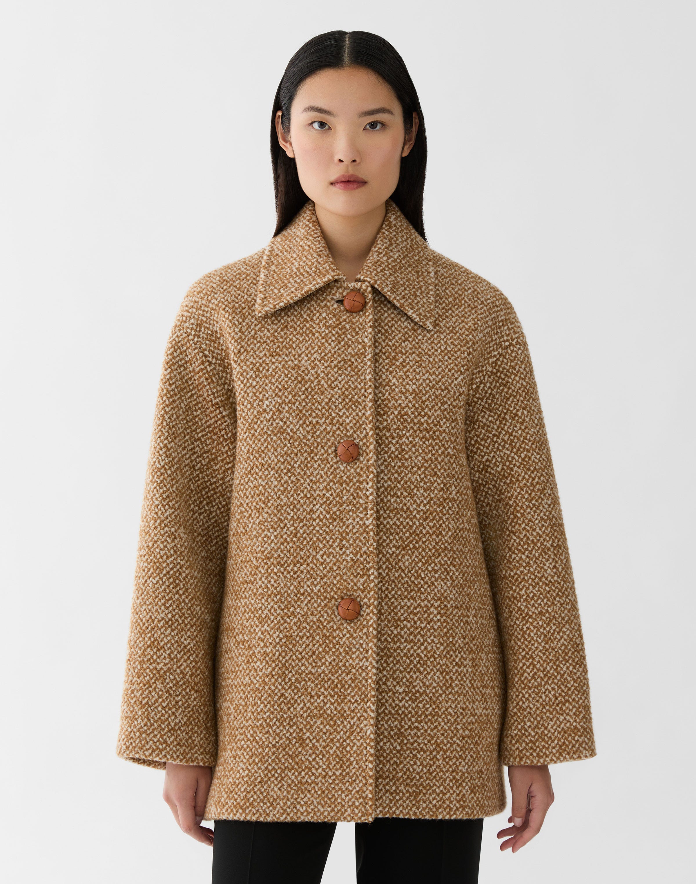 Wool-Cashmere Bouclé Herringbone Swing Coat