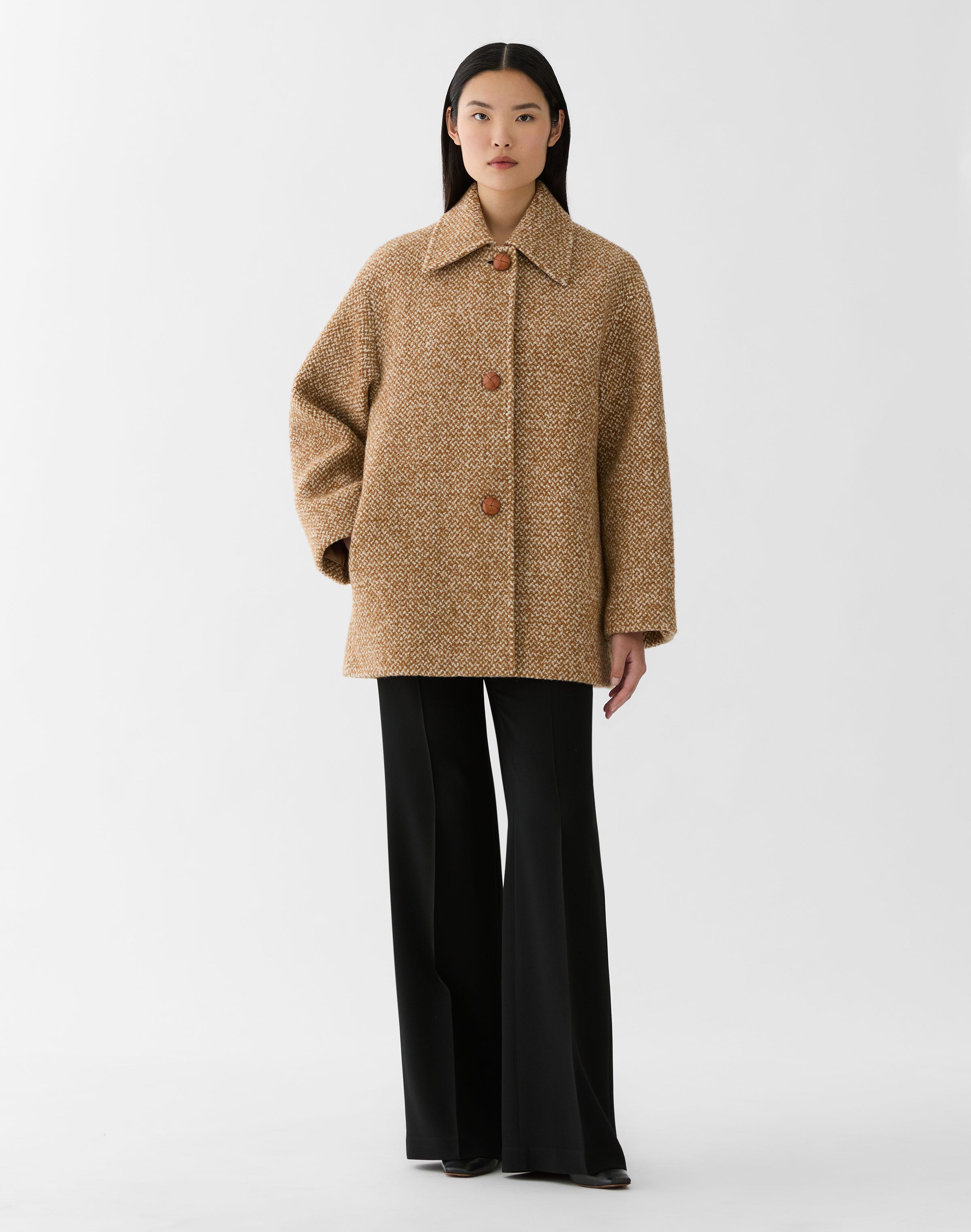 Wool-Cashmere Bouclé Herringbone Swing Coat