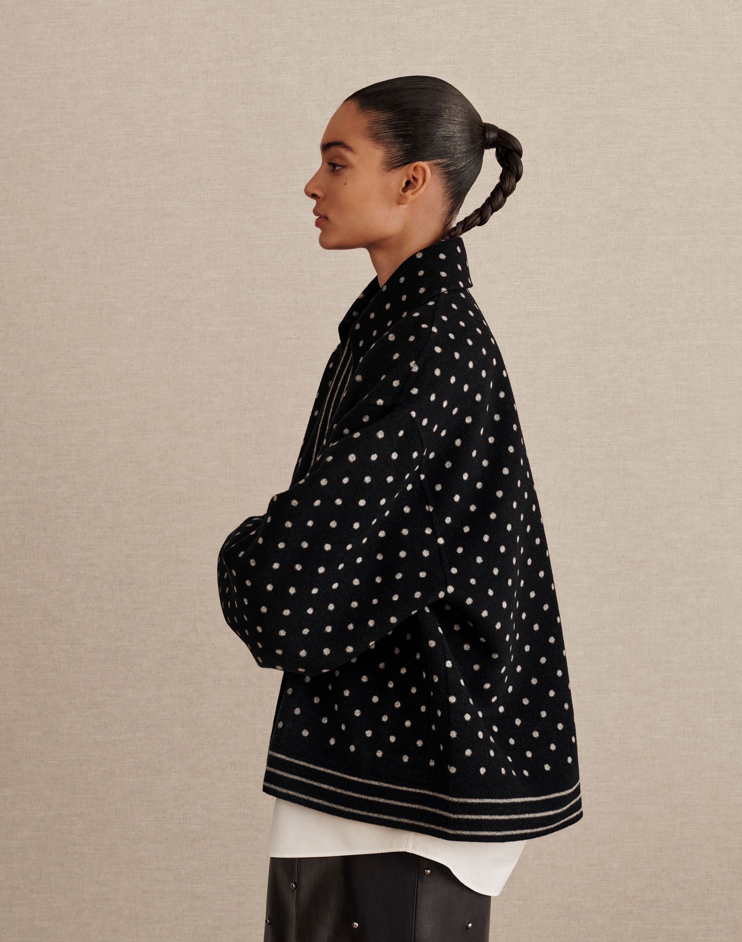 Polka Dot Wool-Cashmere Reversible Coat with Cotton Shirt and Leather Skirt