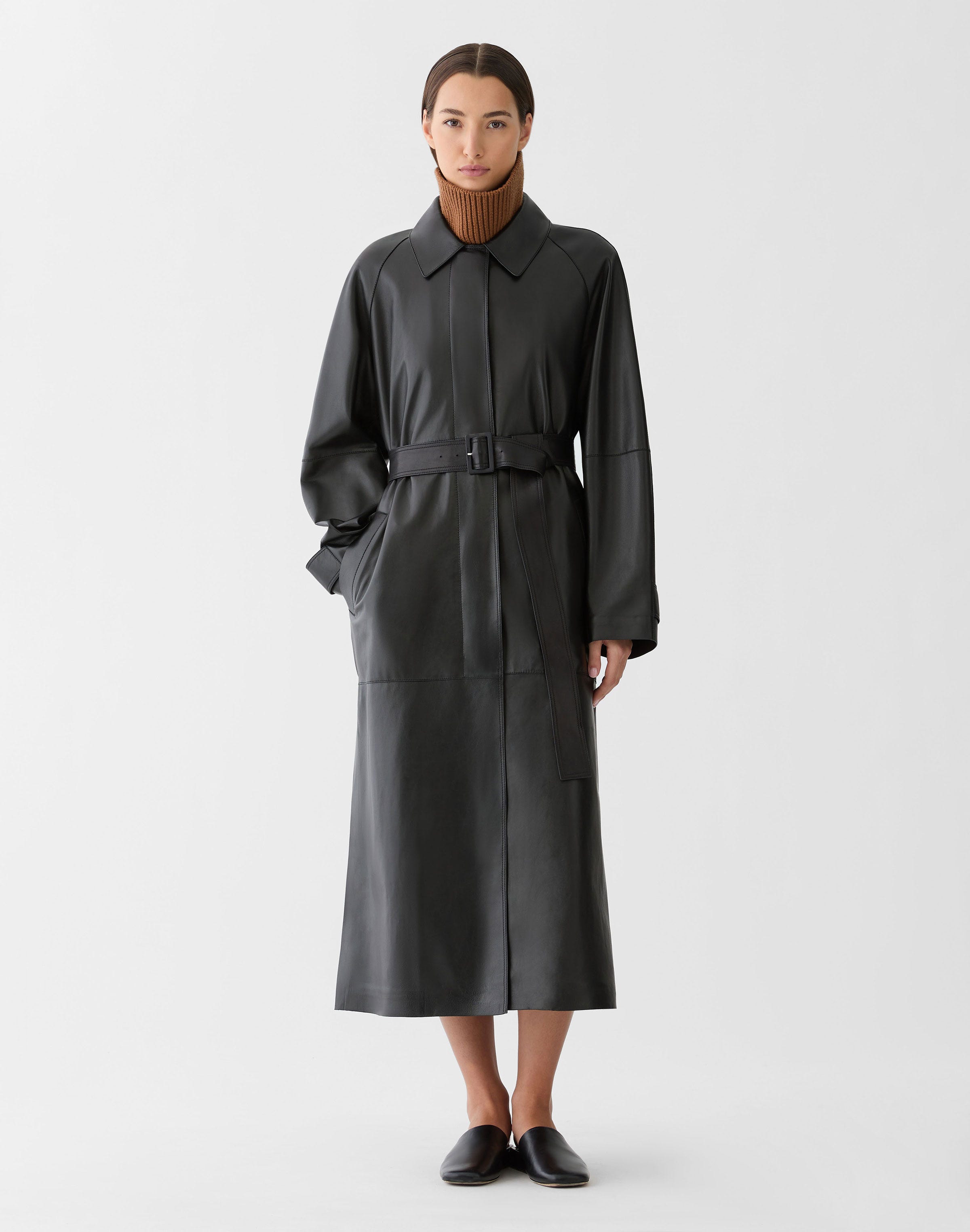 Nappa Leather Belted Oversized Trench Coat