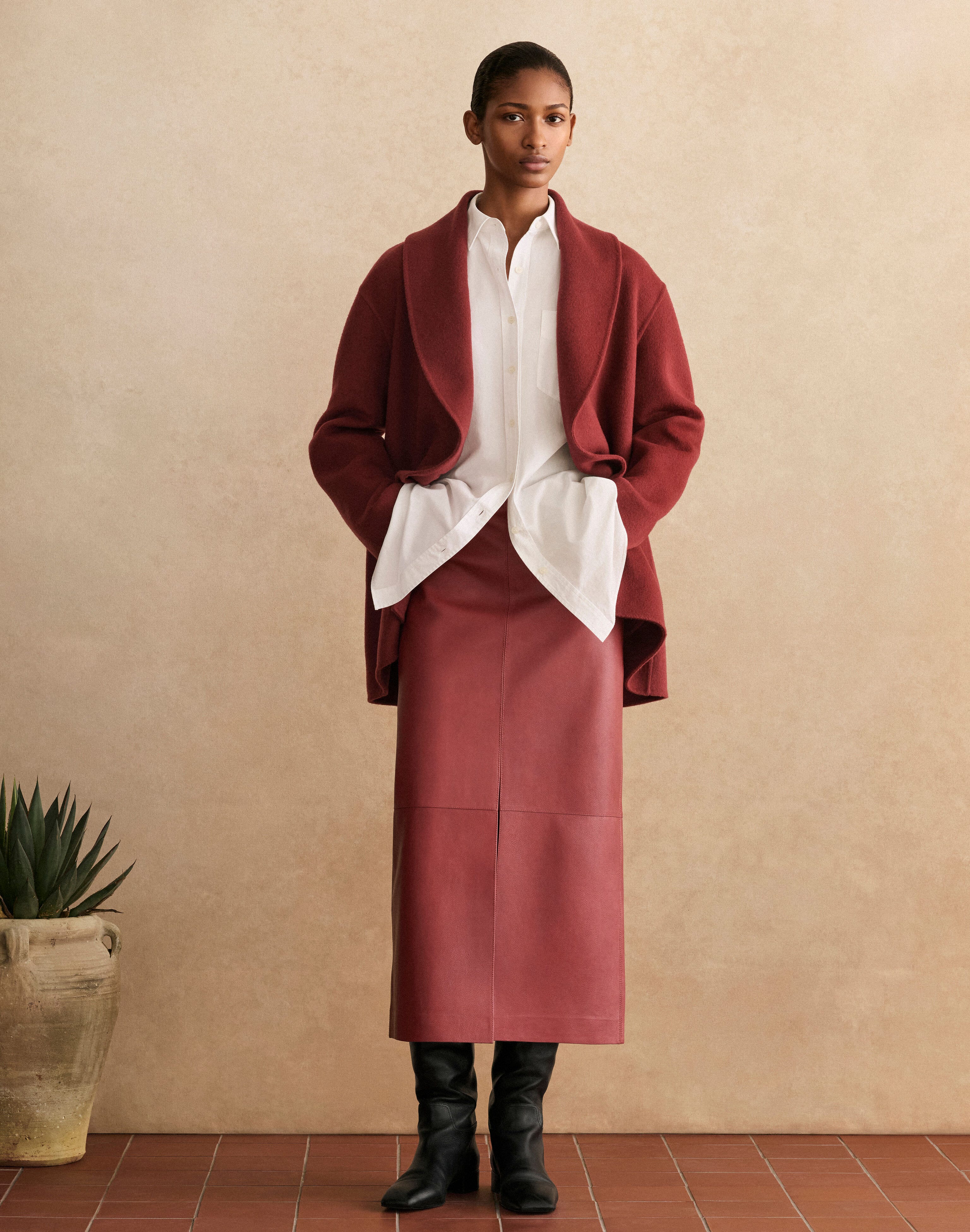 Wool-Cashmere Double Face Coat and Leather Skirt with Cotton Poplin Shirt