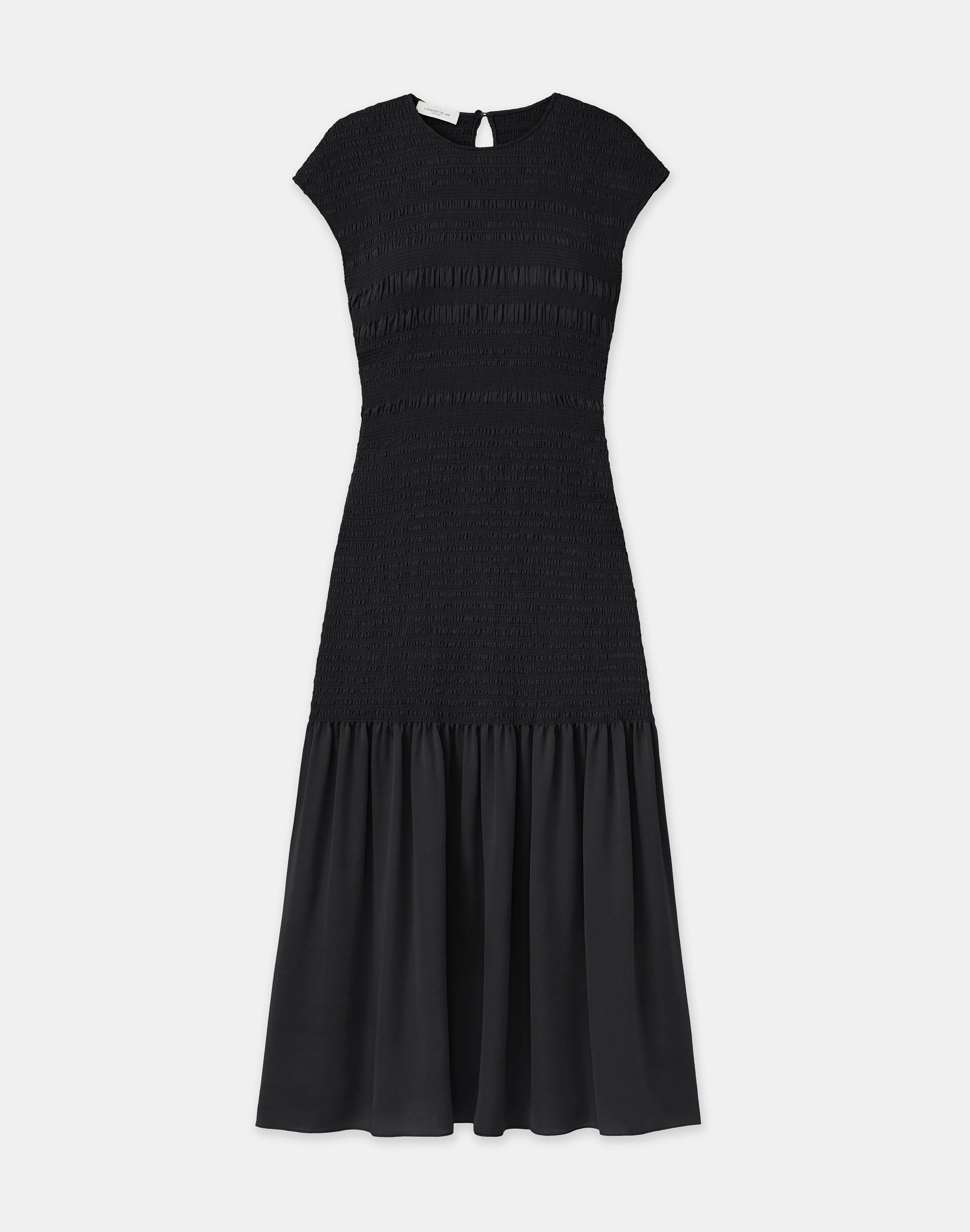 Lafayette 148 Smocked Cap-sleeve Flounce Midi Dress In Black | ModeSens