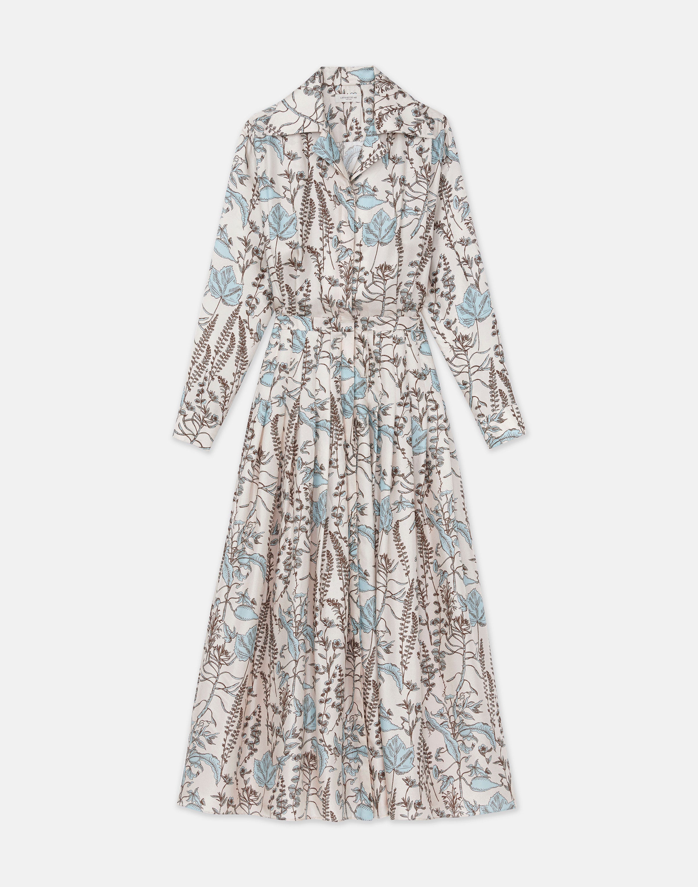 Shop Lafayette 148 Flora Trail Print Silk Twill Pleated Shirtdress In Pampas Plume