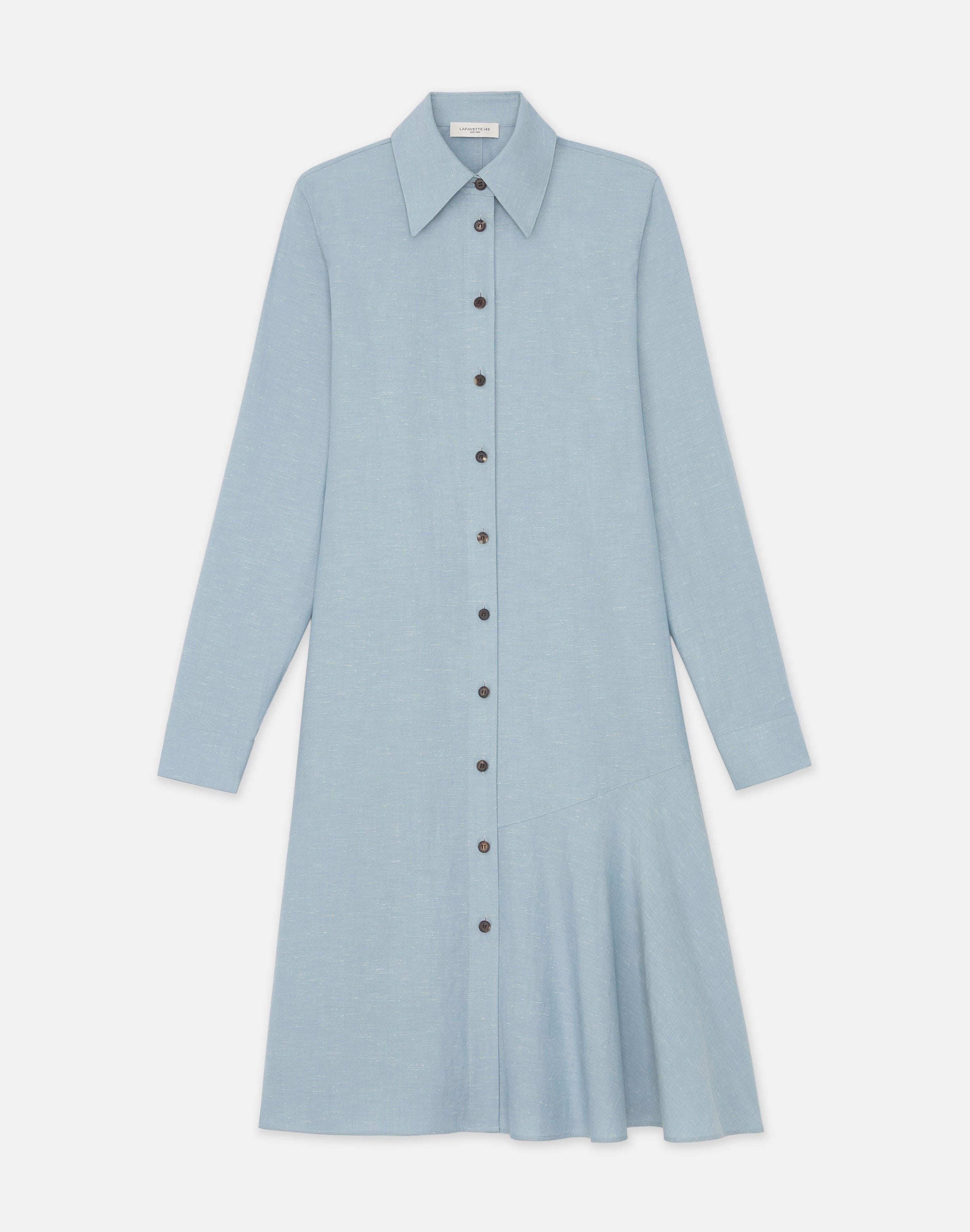 Lafayette 148 Slubbed Cotton Flounced Shirtdress In Venetian Sky Melange
