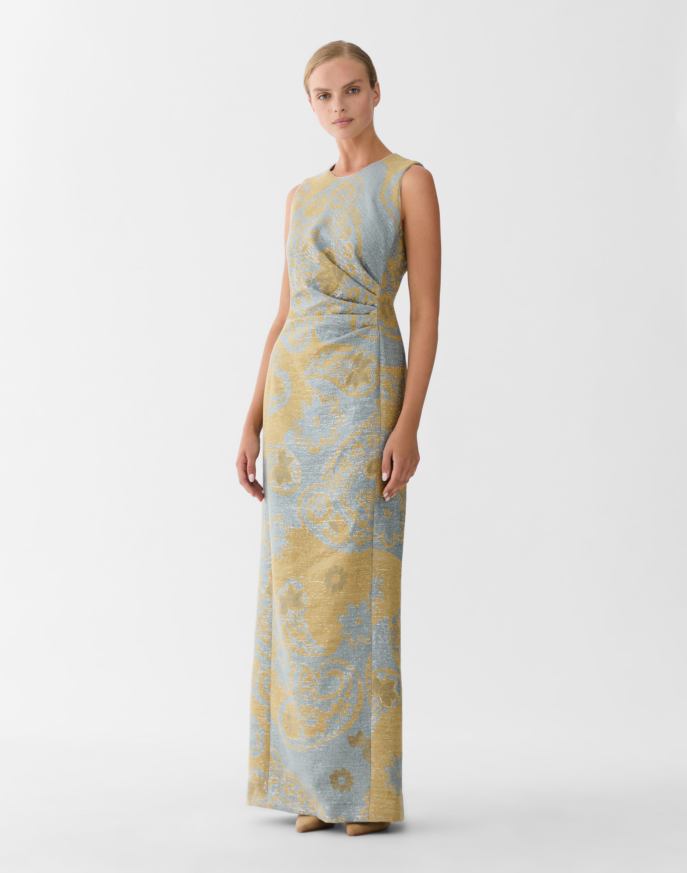 Paisley Jacquard Pleated Sleeveless Gown