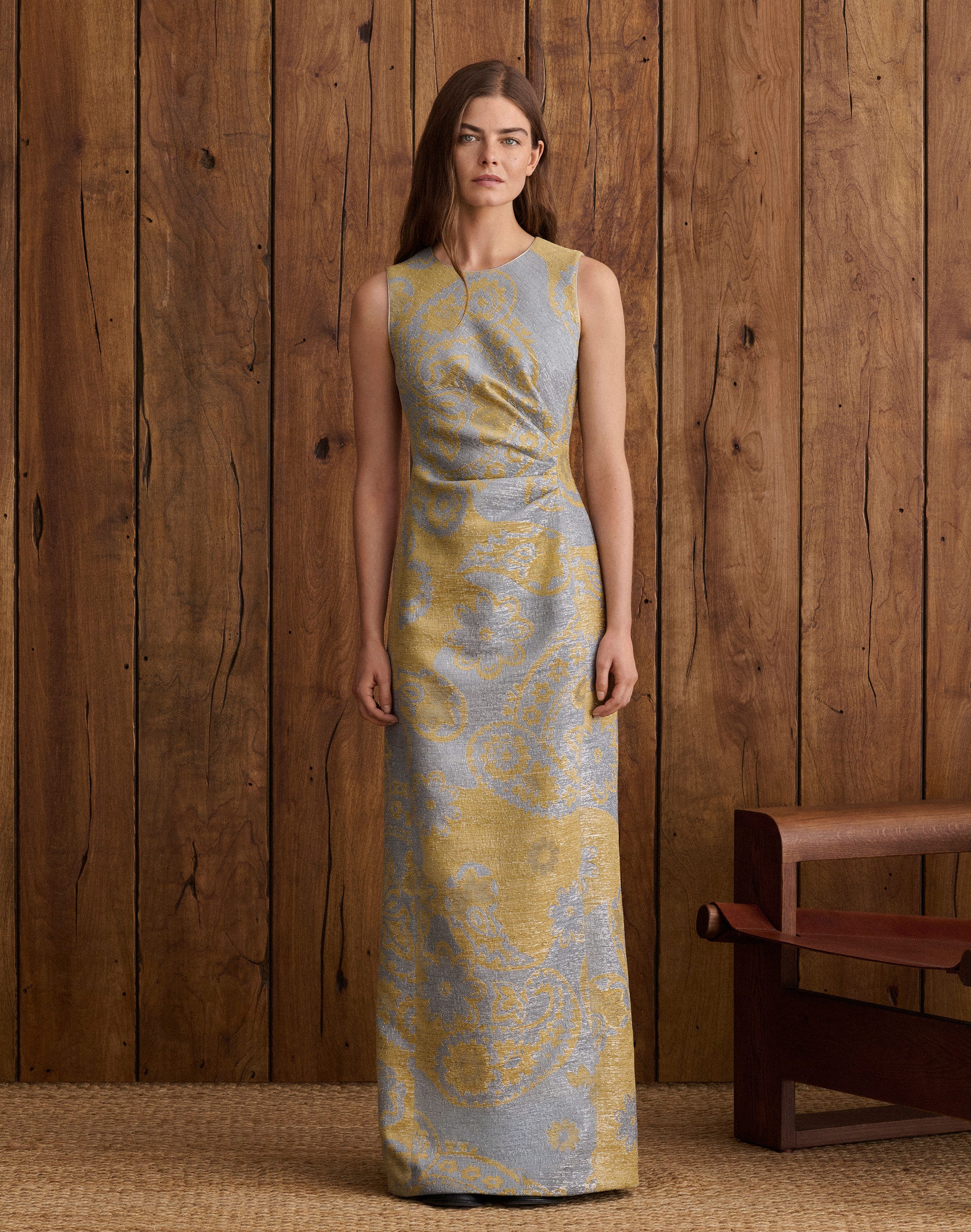 Paisley Jacquard Pleated Sleeveless Gown