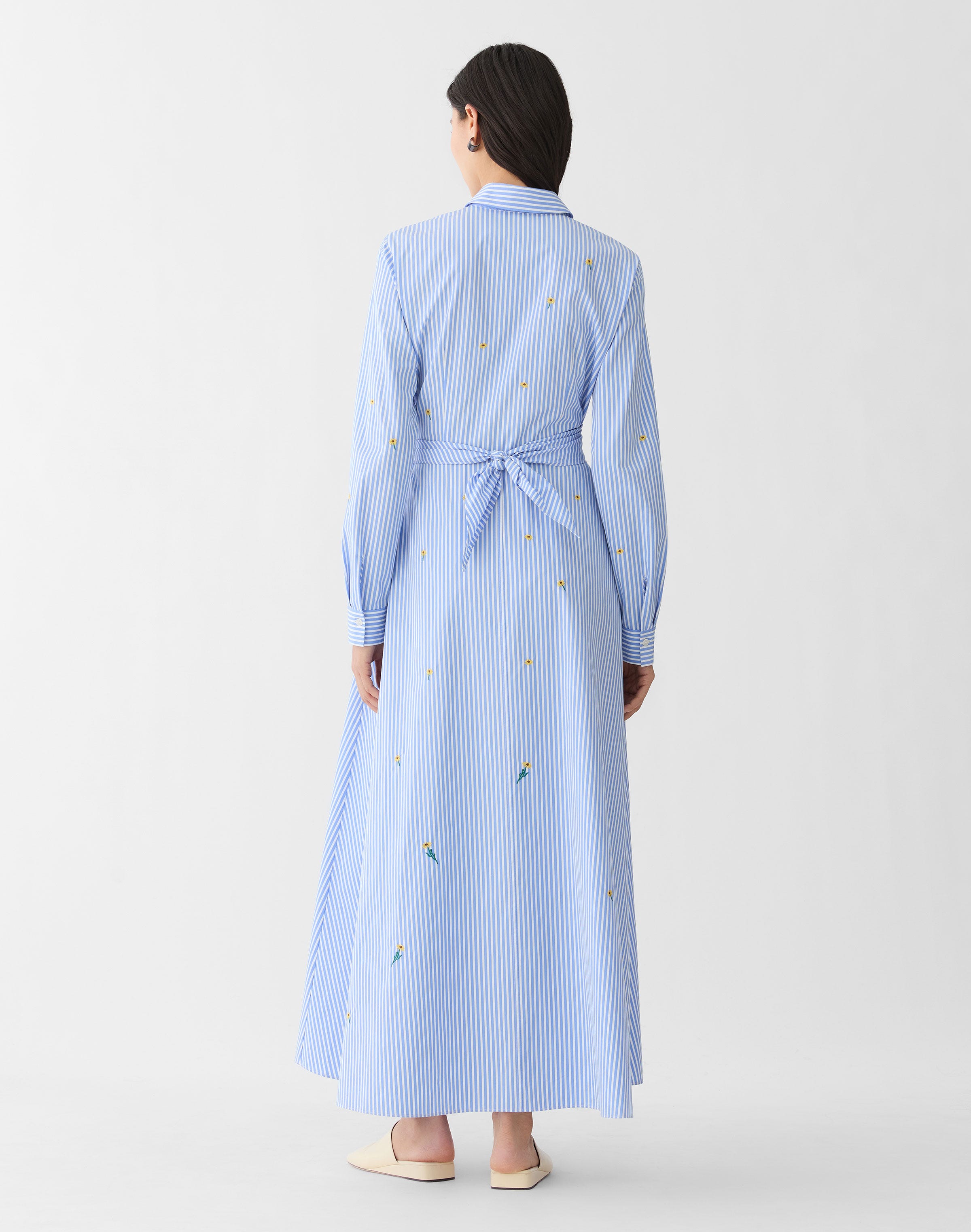 Striped Cotton Floral Embroidered Wrap Shirtdress