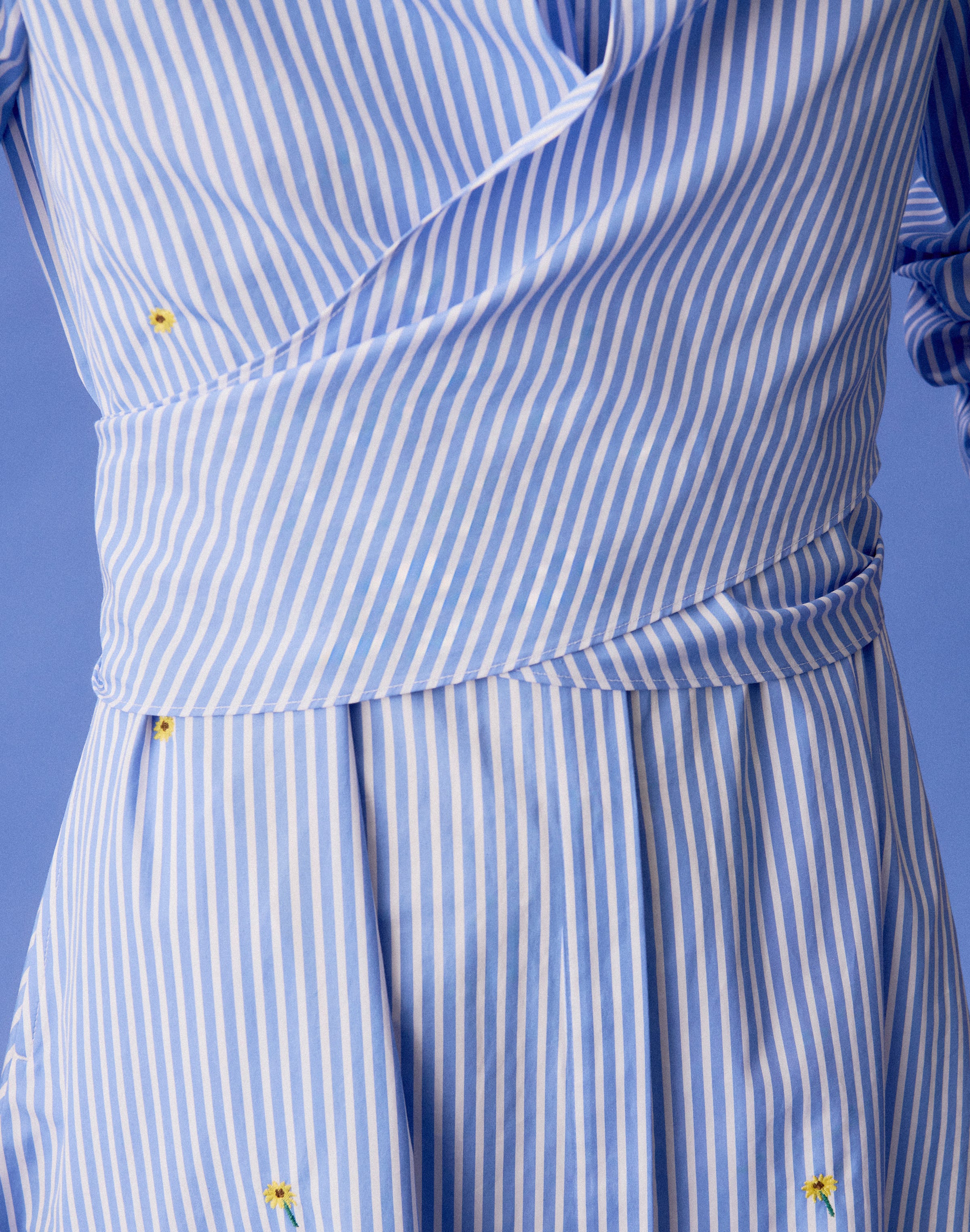Striped Cotton Floral Embroidered Wrap Shirtdress