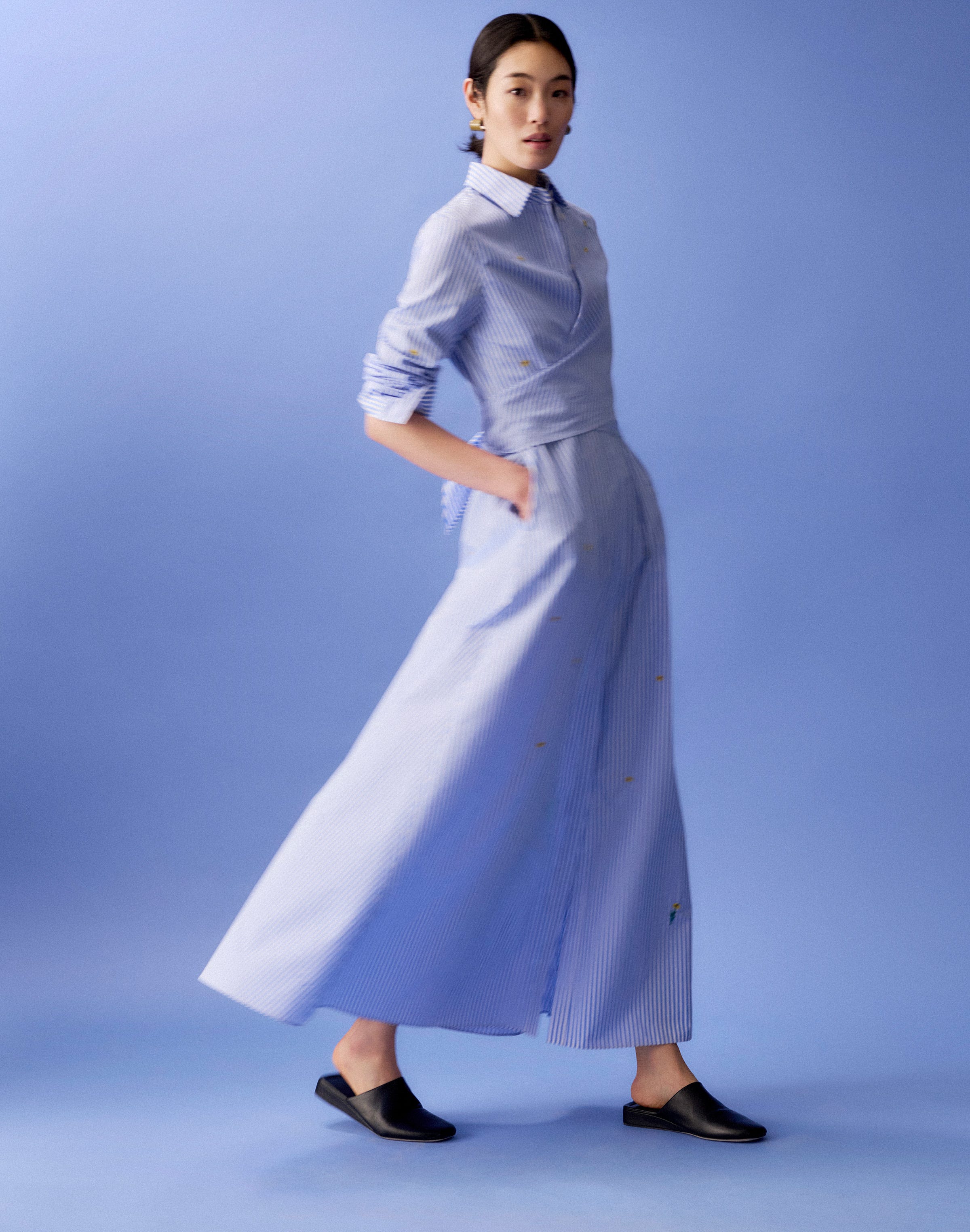 Striped Cotton Floral Embroidered Wrap Shirtdress
