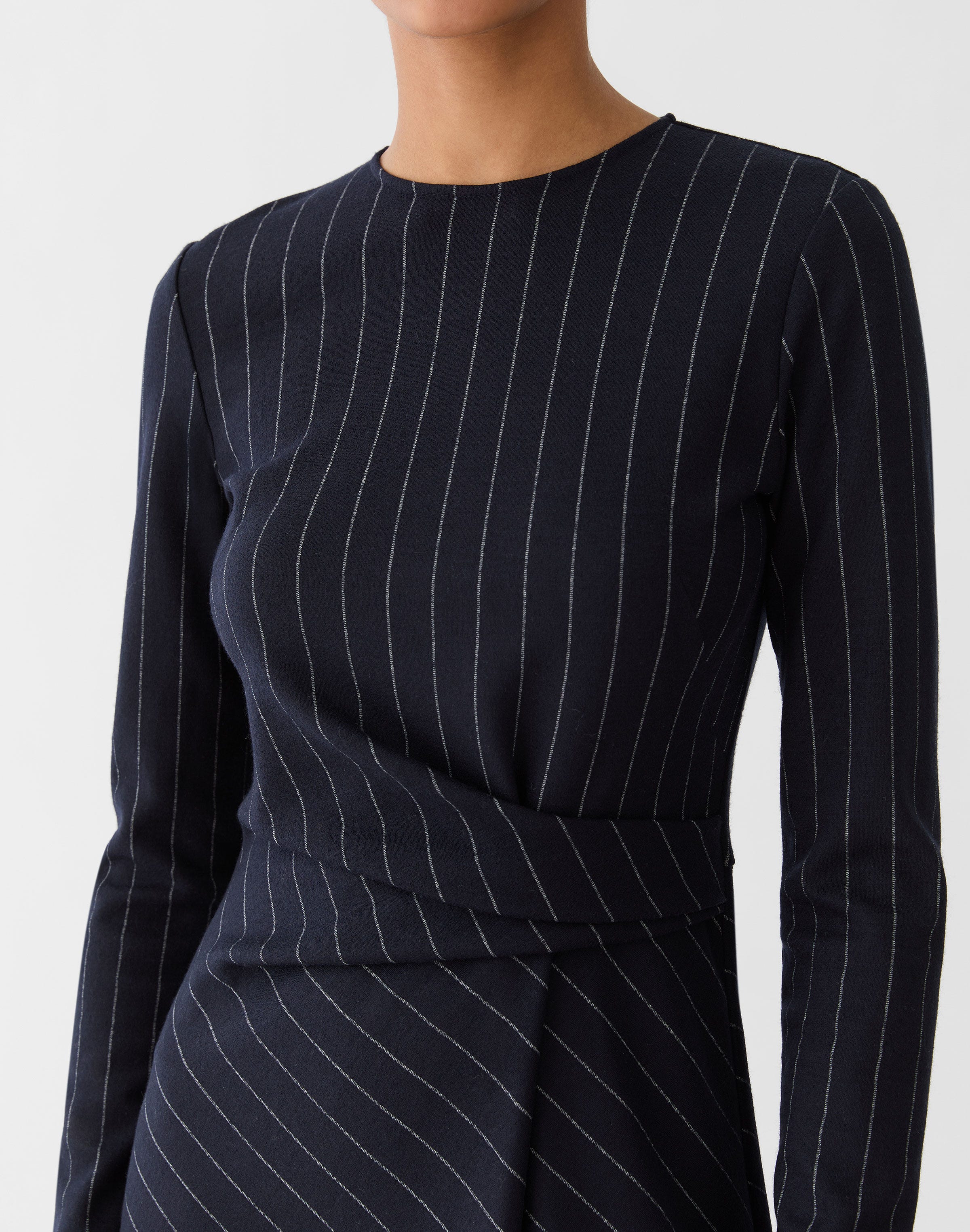 Pinstripe Wool Jersey Long Sleeve Dress