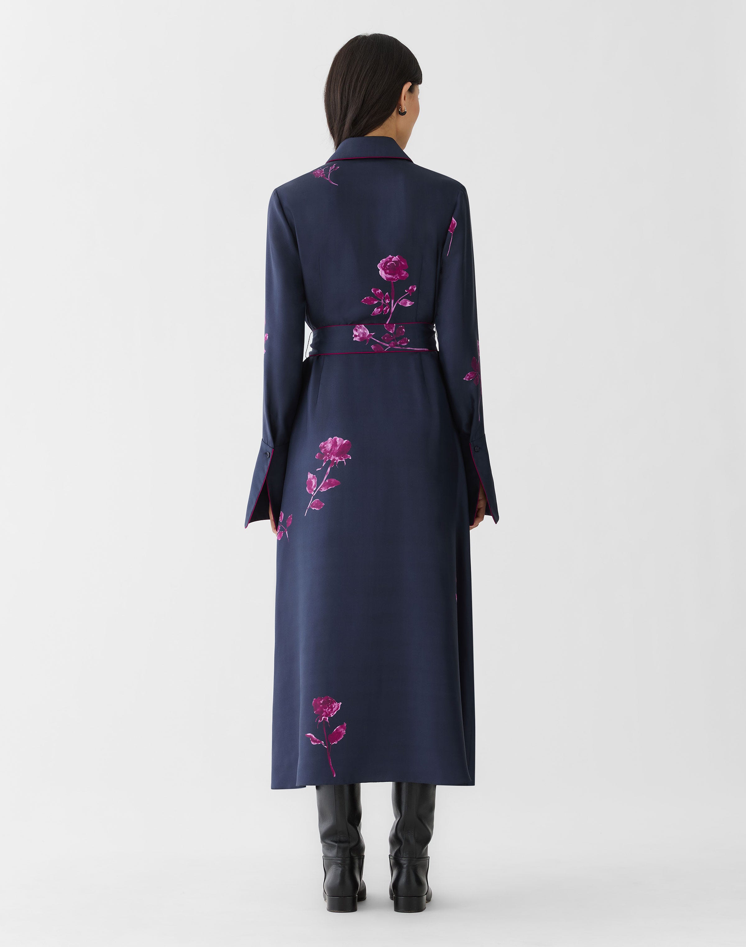 Rose Print Silk Twill Belted Shirtdress