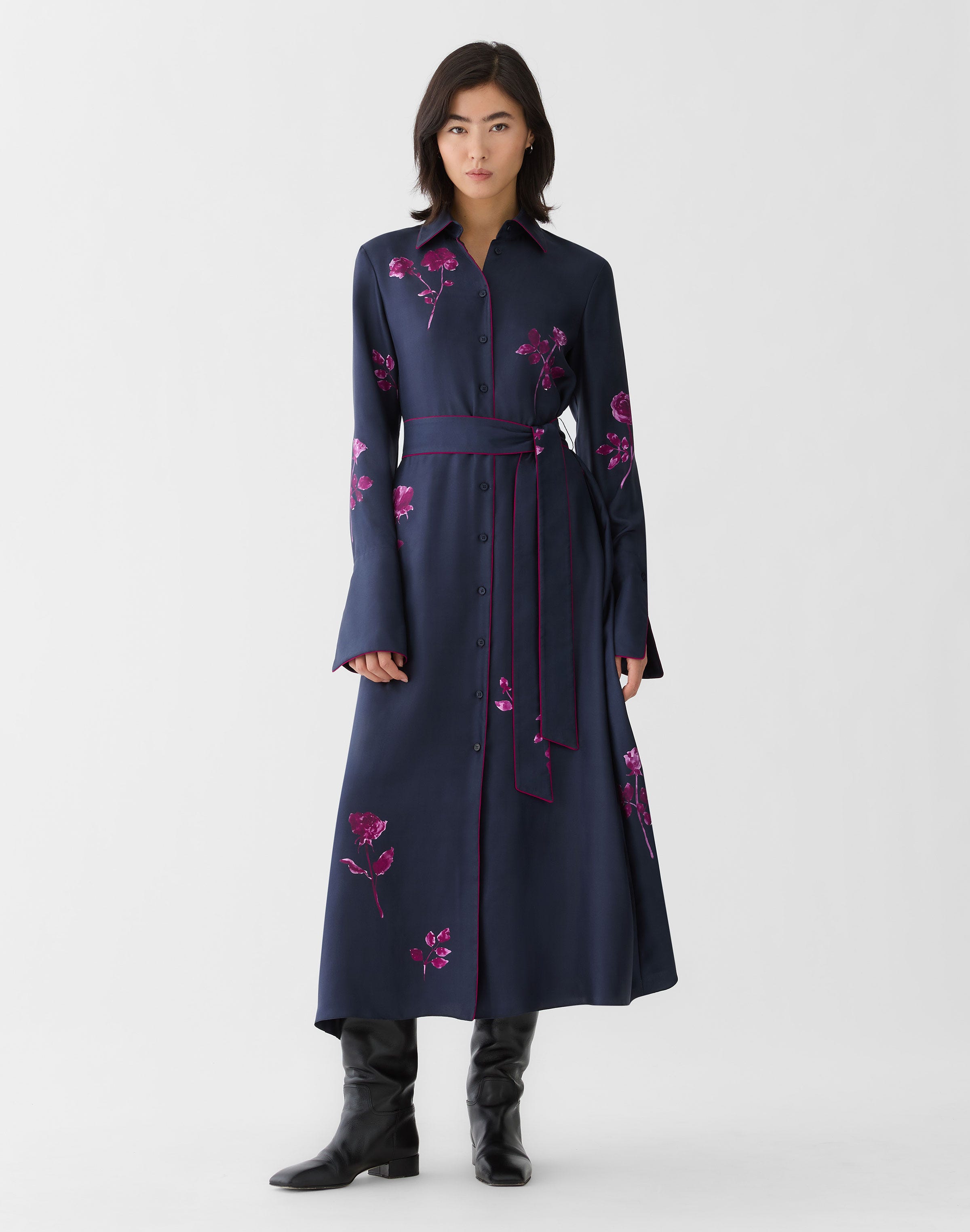 Rose Print Silk Twill Belted Shirtdress