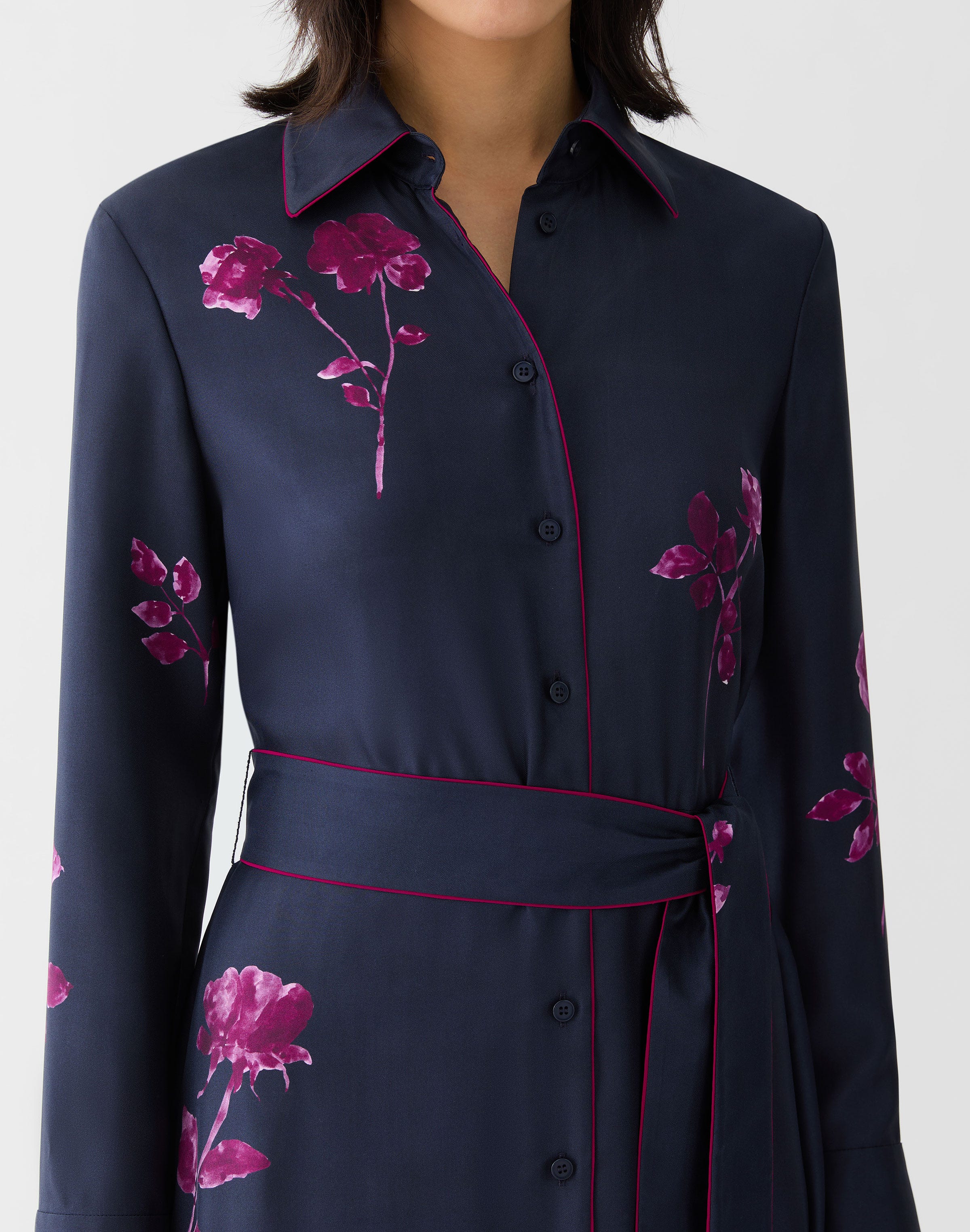 Rose Print Silk Twill Belted Shirtdress