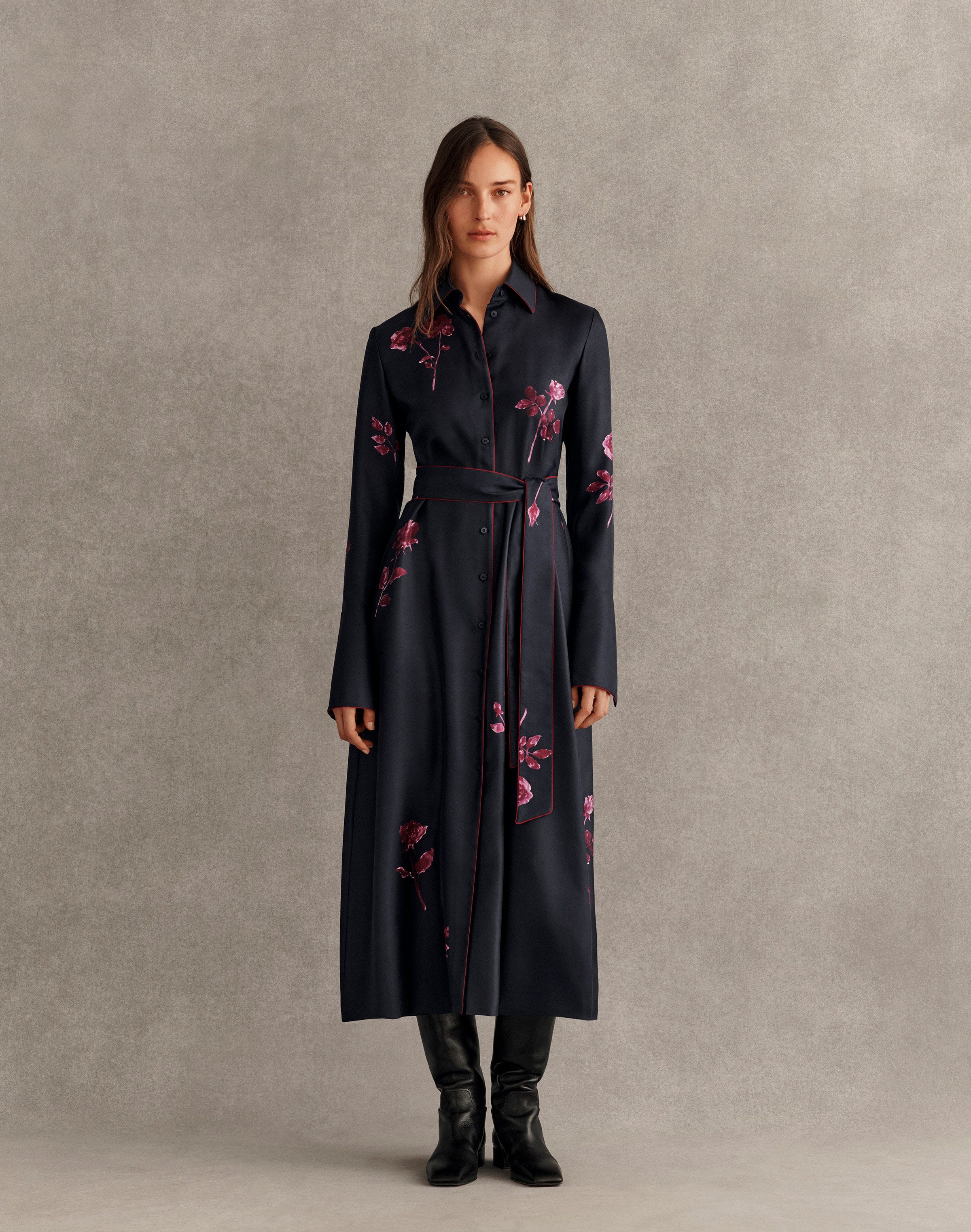 Rose Print Silk Twill Belted Shirtdress