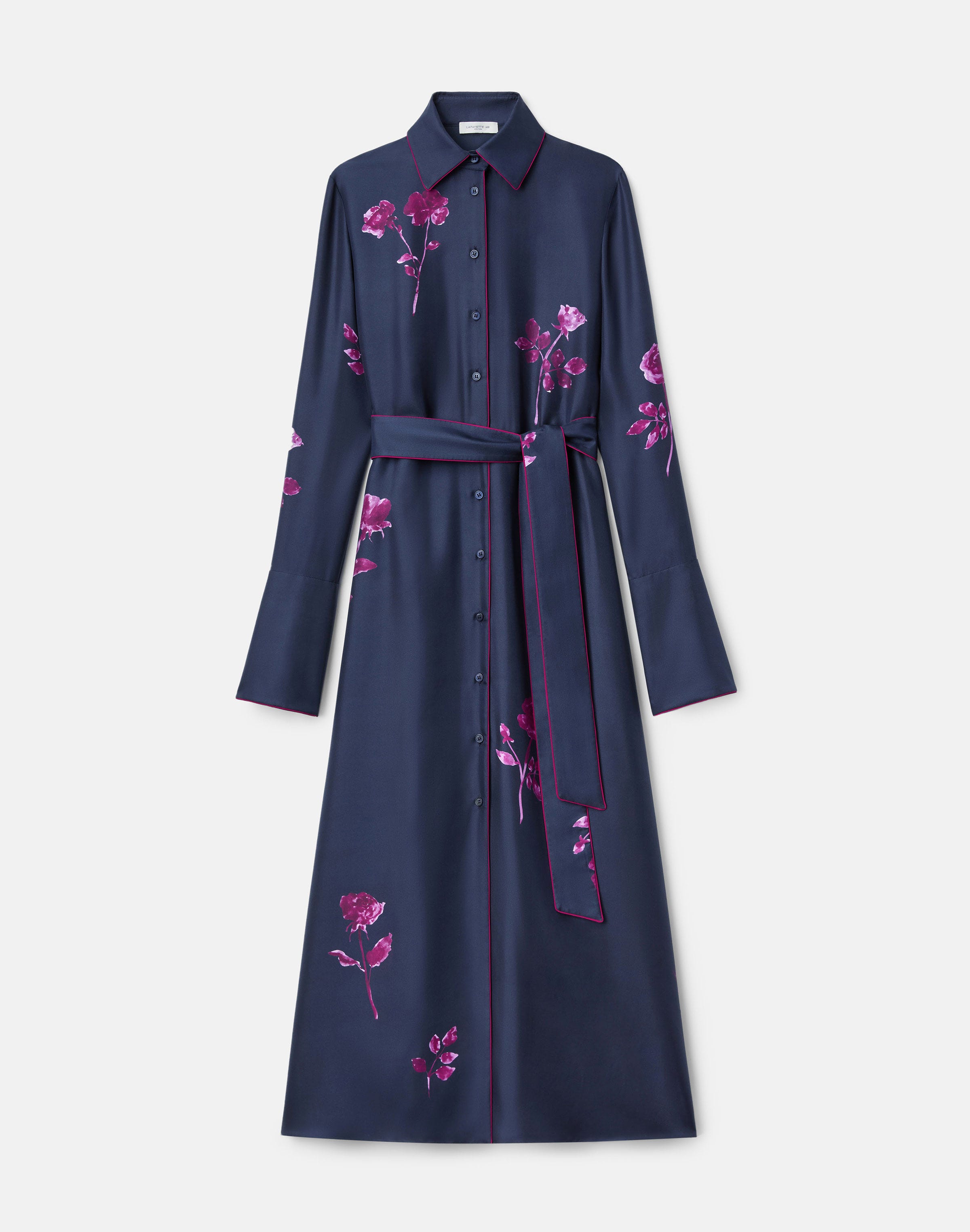 Rose Print Silk Twill Belted Shirtdress