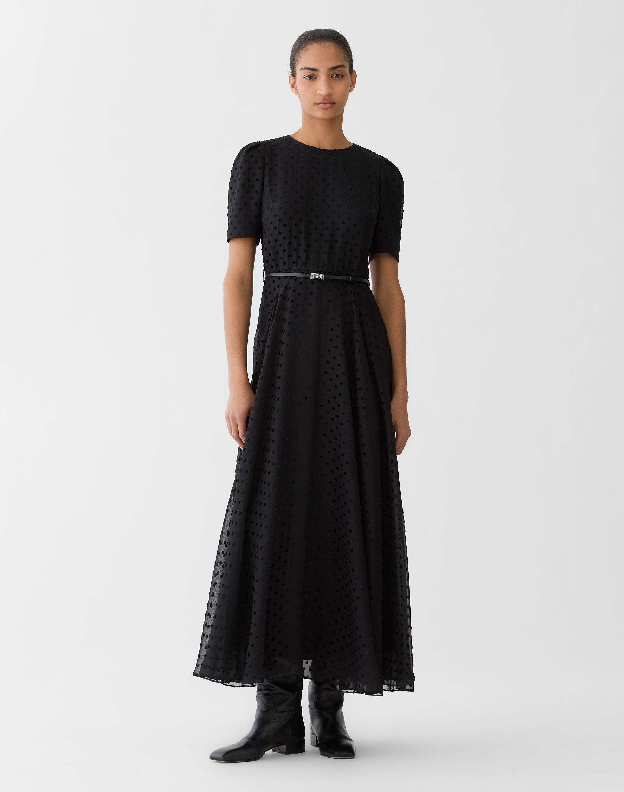 Polka Dot Devoré Belted Dress