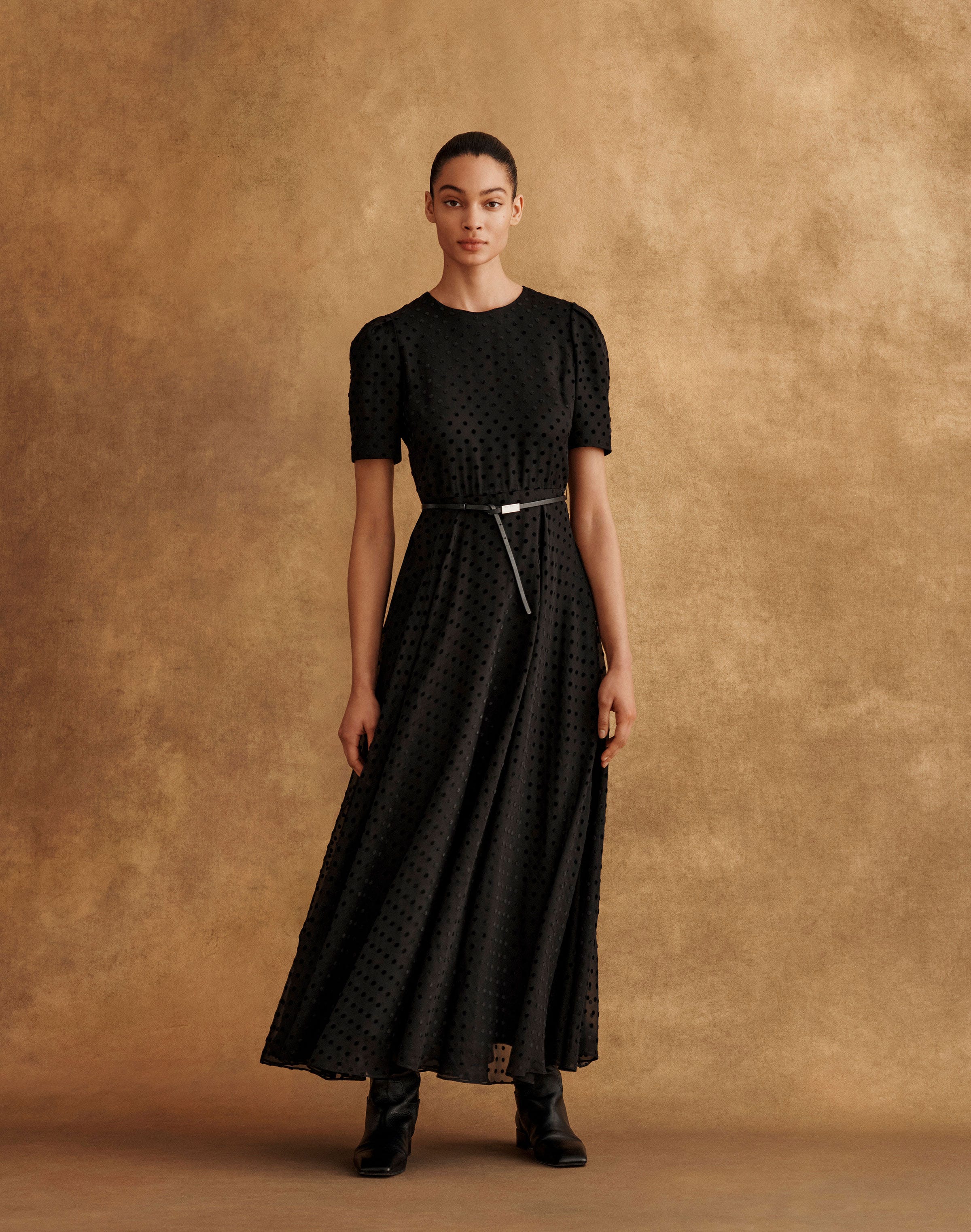 Polka Dot Devoré Belted Dress