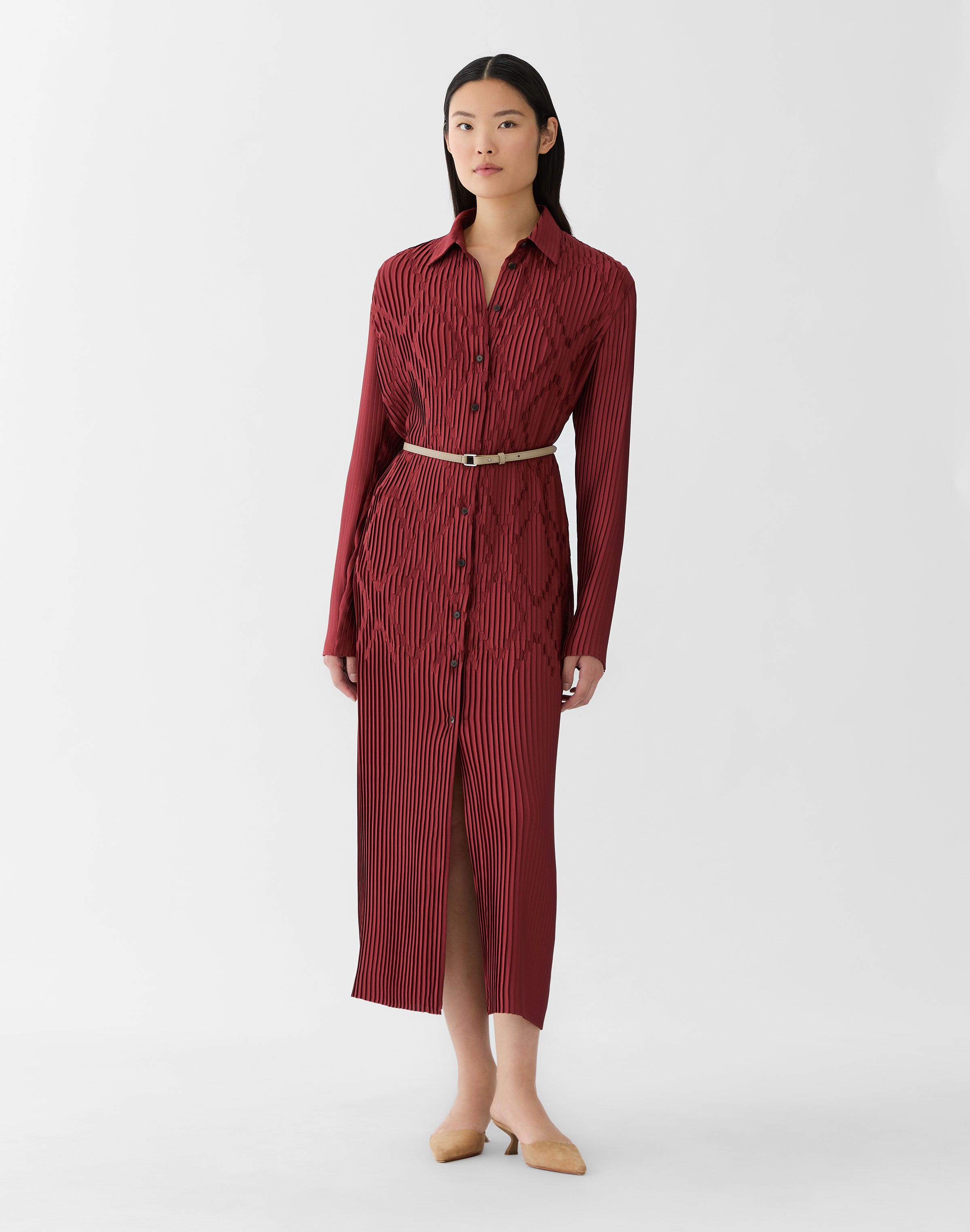 Geo Satin Plissé Belted Shirtdress