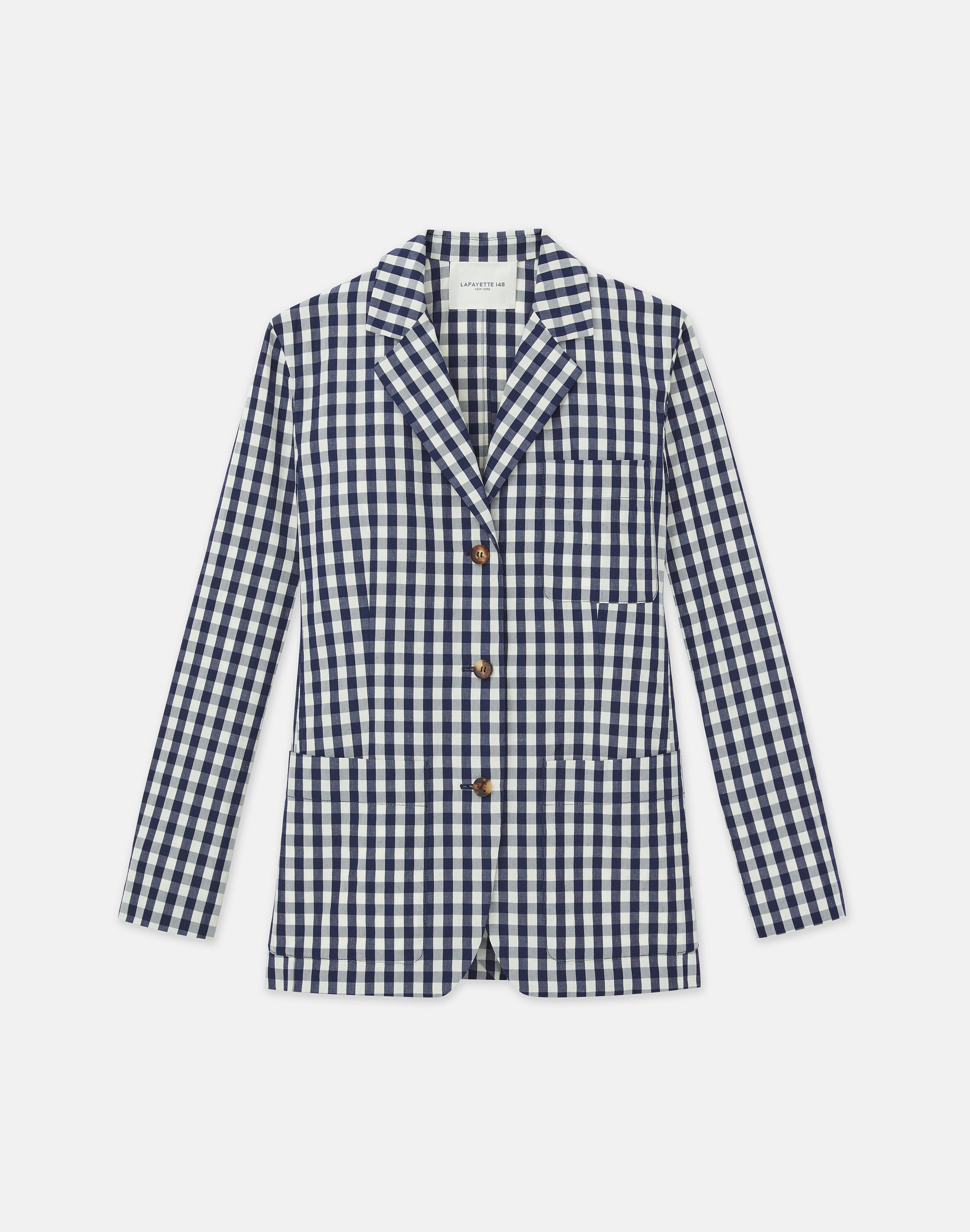 LAFAYETTE 148 GINGHAM CRINKLE COTTON-LINEN THREE BUTTON BLAZER