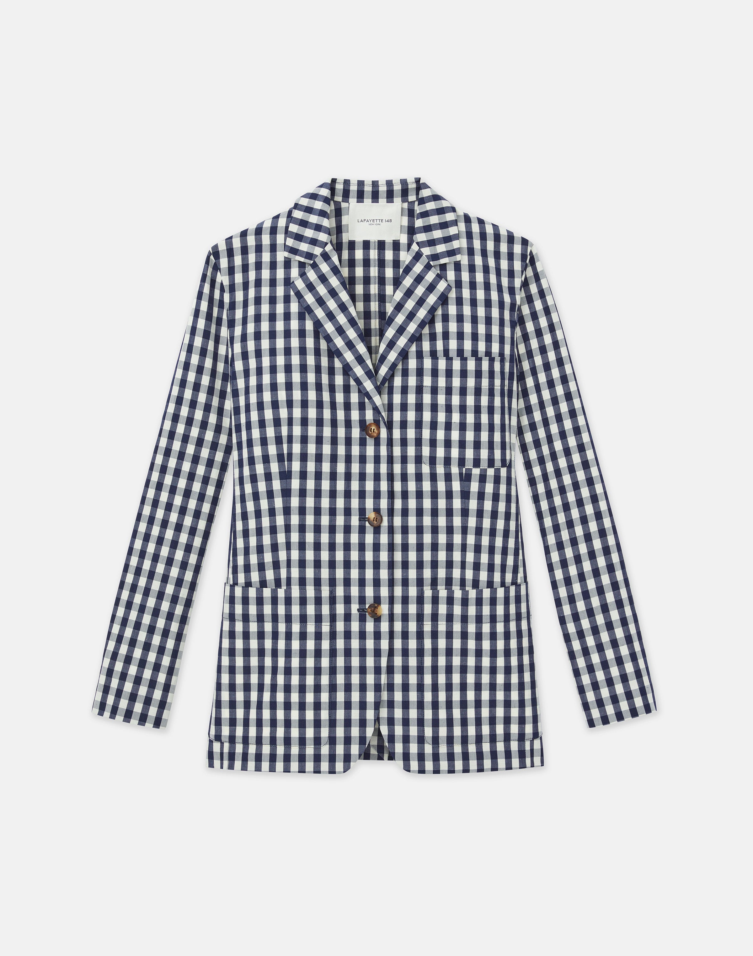 Shop Lafayette 148 Gingham Crinkle Cotton-linen Three Button Blazer In Midnight Blue