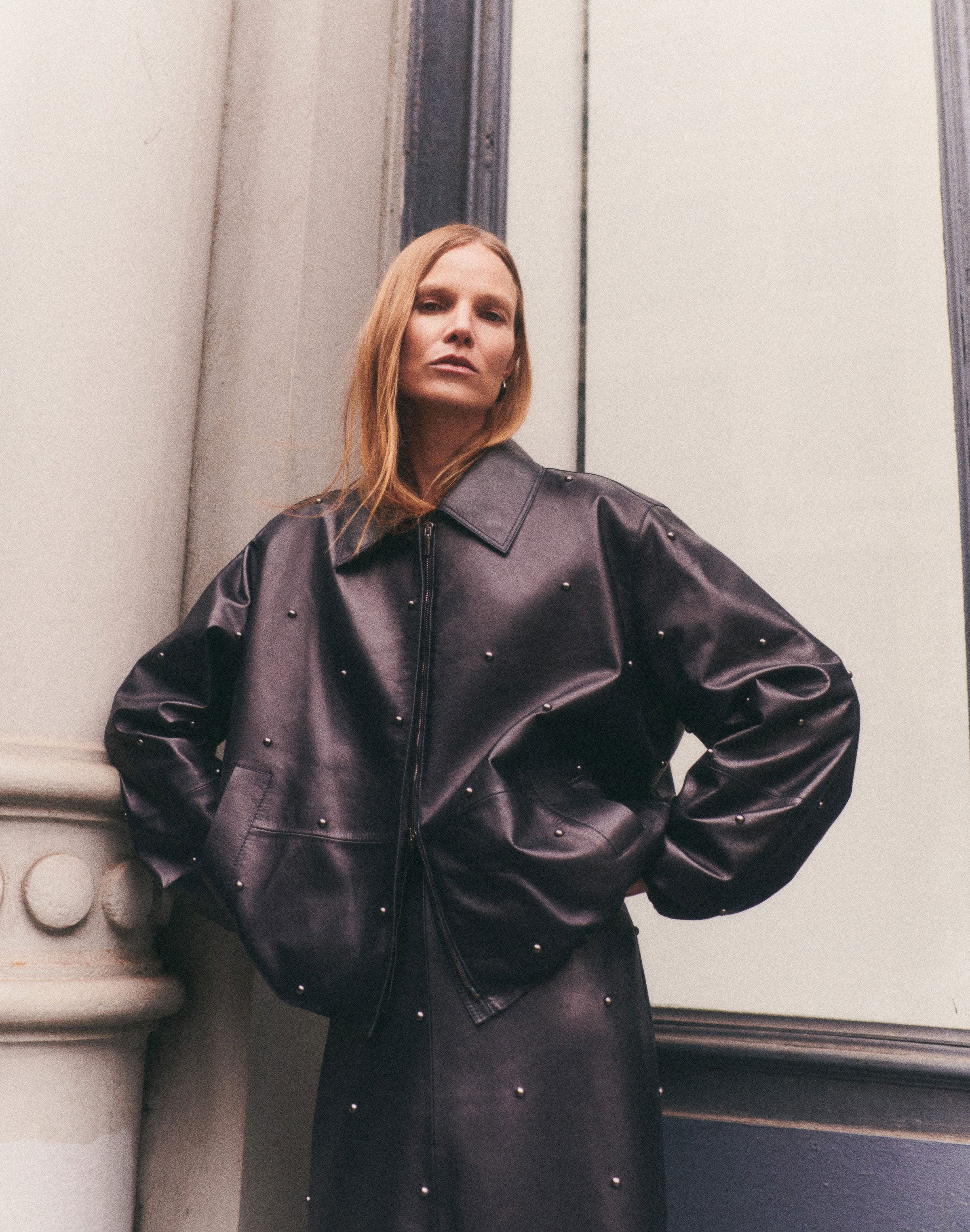 Studded Leather Bomber Jacket and Skirt