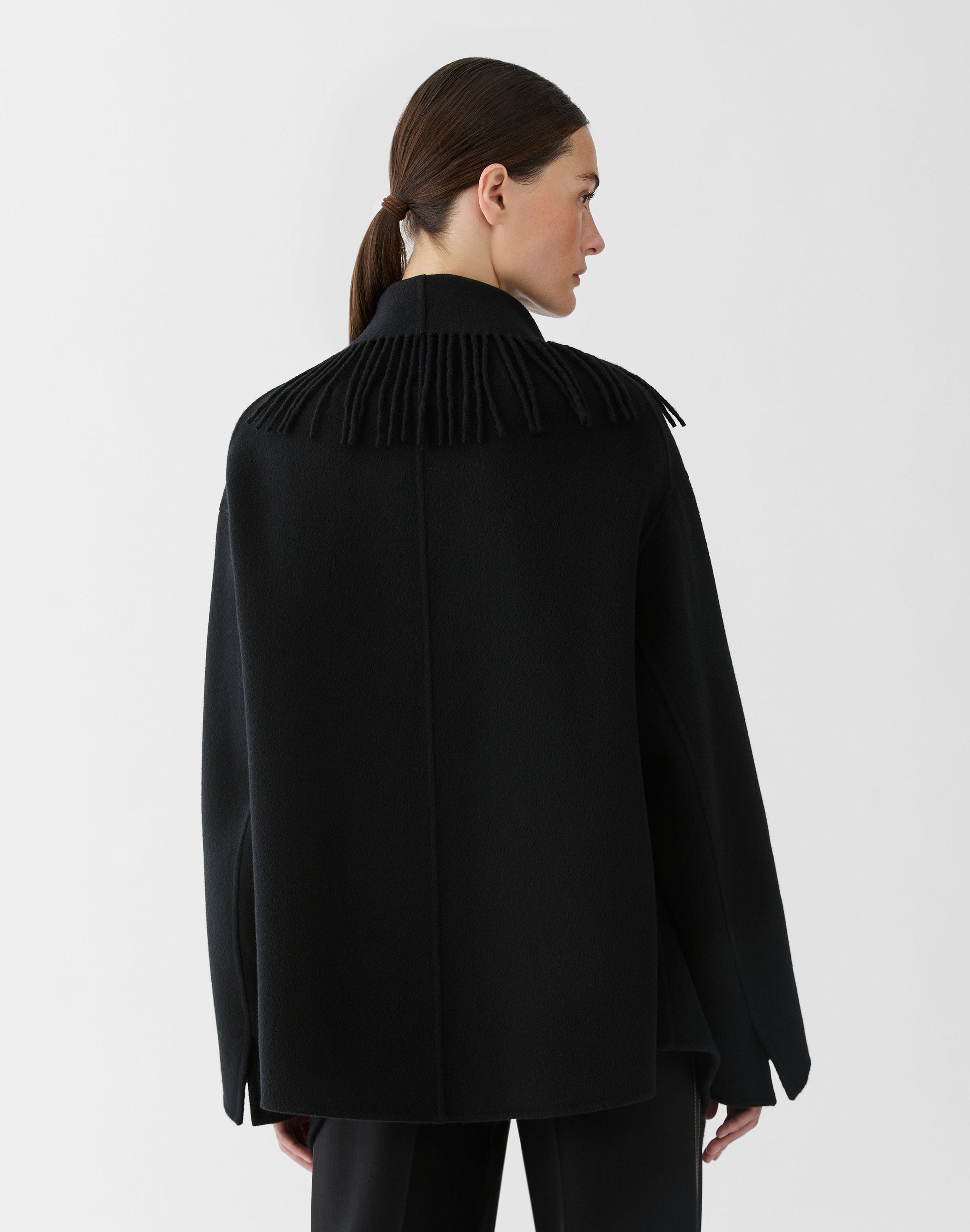 Wool-Cashmere Double Face Leather Pocket Fringed Jacket