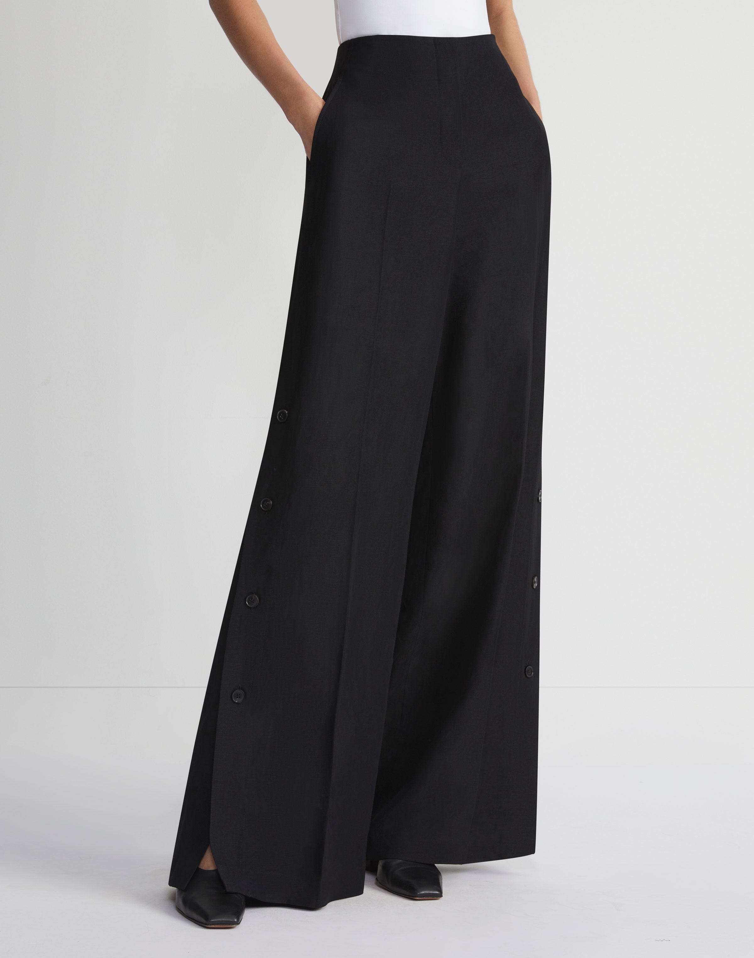 Viscose-Linen Twill Thames Button Wide Leg Pant | Lafayette 148 