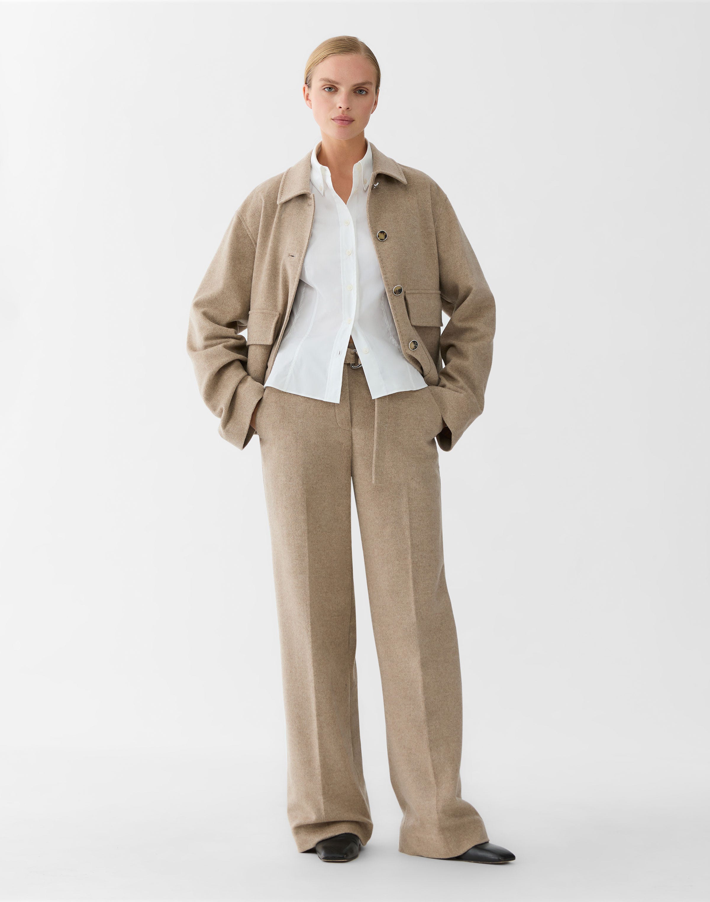Brushed Wool-Cashmere Flannel Belted Clark Wide Leg Pant